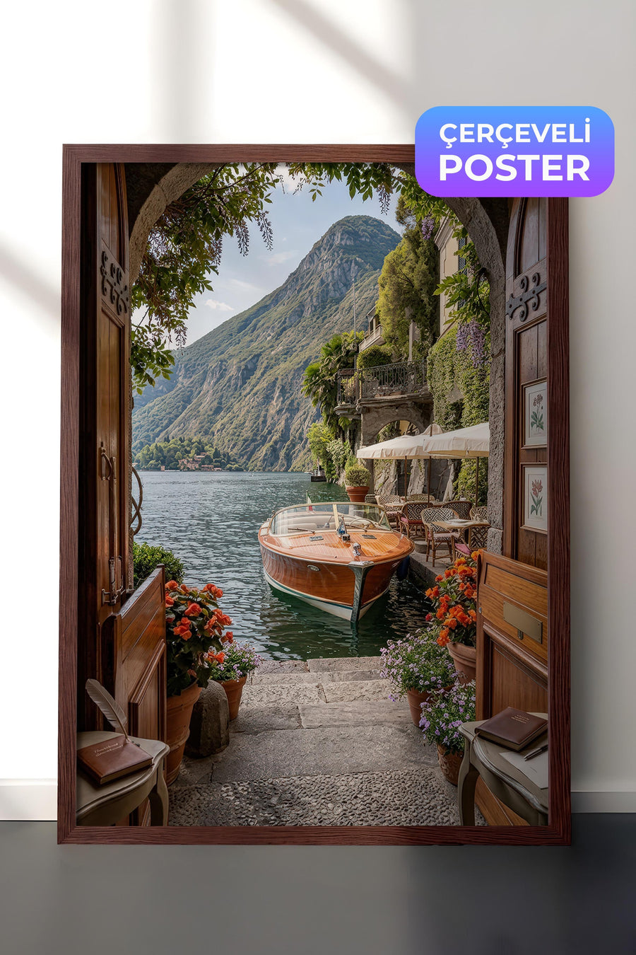 Göl Kıyısında Tekne Old Money Tasarımlar Poster – Kahverengi Çerçeveli Tablo