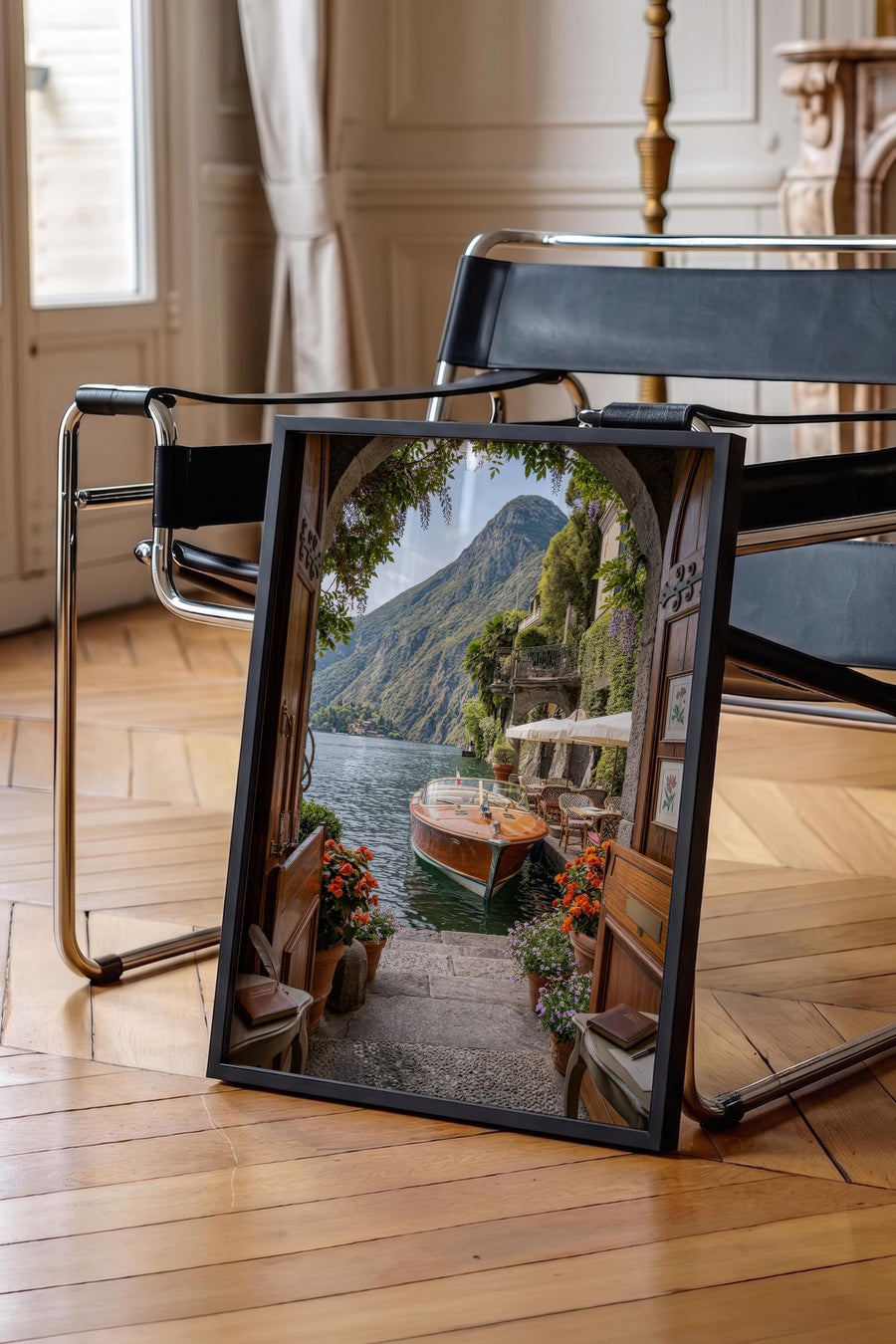 Kapıdan Göl ve Tekne Manzarası Old Money Poster – Siyah Çerçeveli Tablo