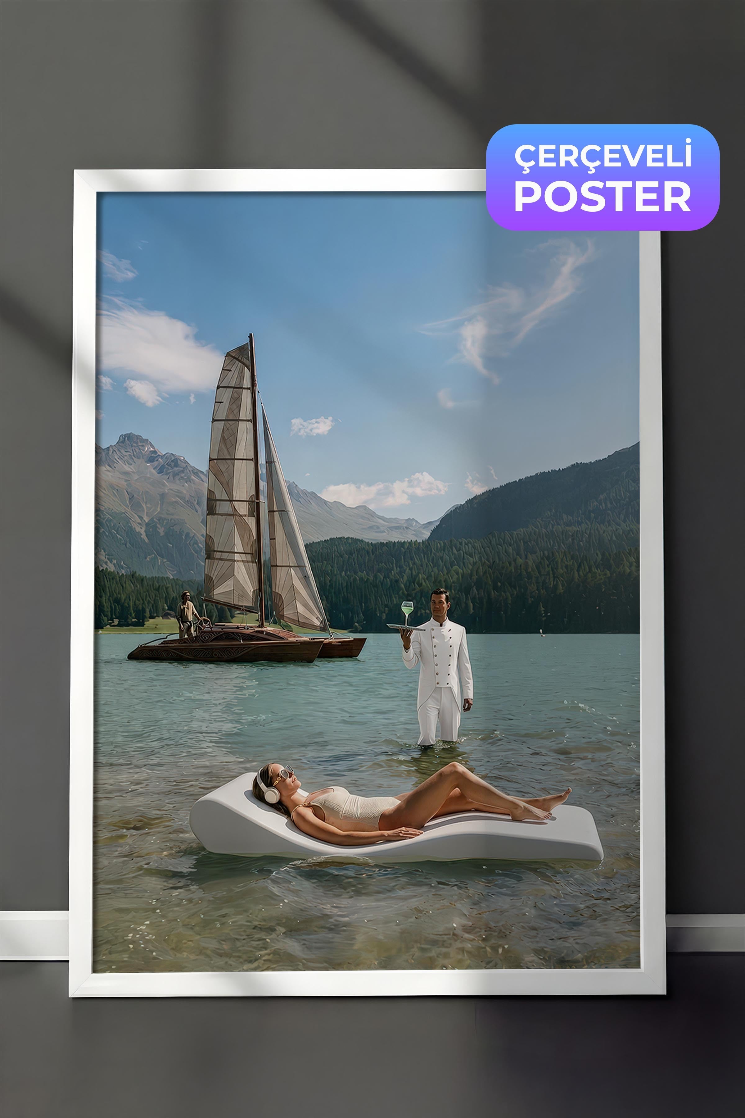 Göl ve Yelkenli Posteri, Beyaz Çerçeveli Poster, Old Money Serisi, NO:113159