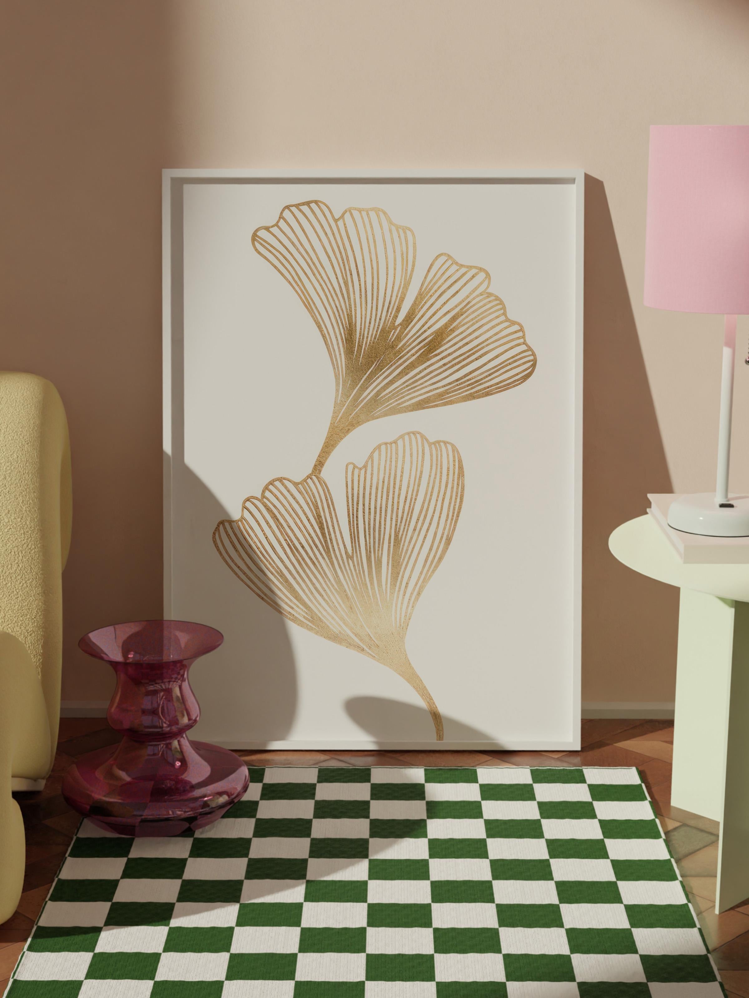Gold Ginkgo Çerçeveli Tablo, Beyaz Çerçeve ve Poster, Dikey Duvar Tablosu Comfort Serisi NO:108451
