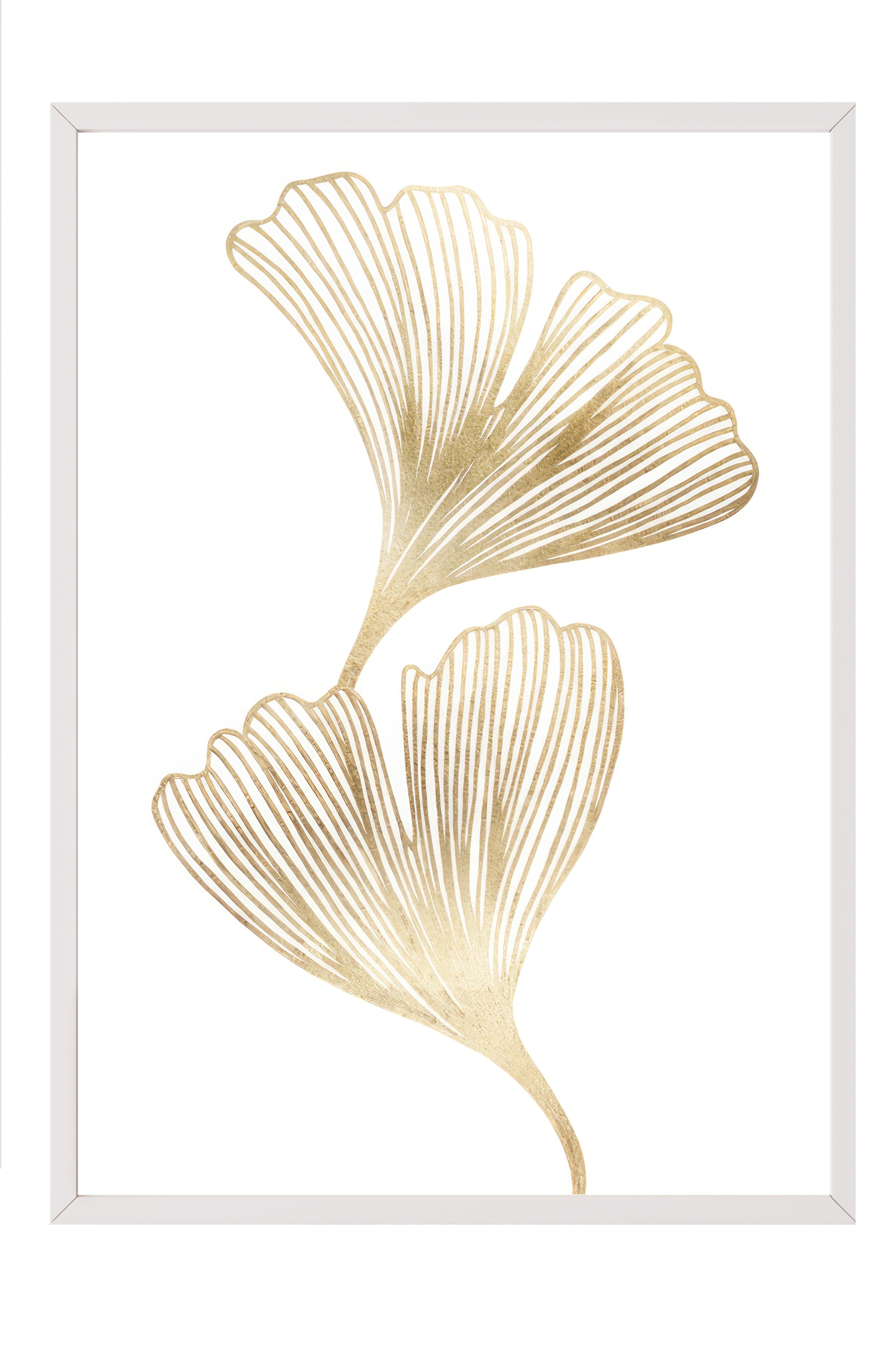 Gold Ginkgo Çerçeveli Tablo, Beyaz Çerçeve ve Poster, Dikey Duvar Tablosu Comfort Serisi NO:108451