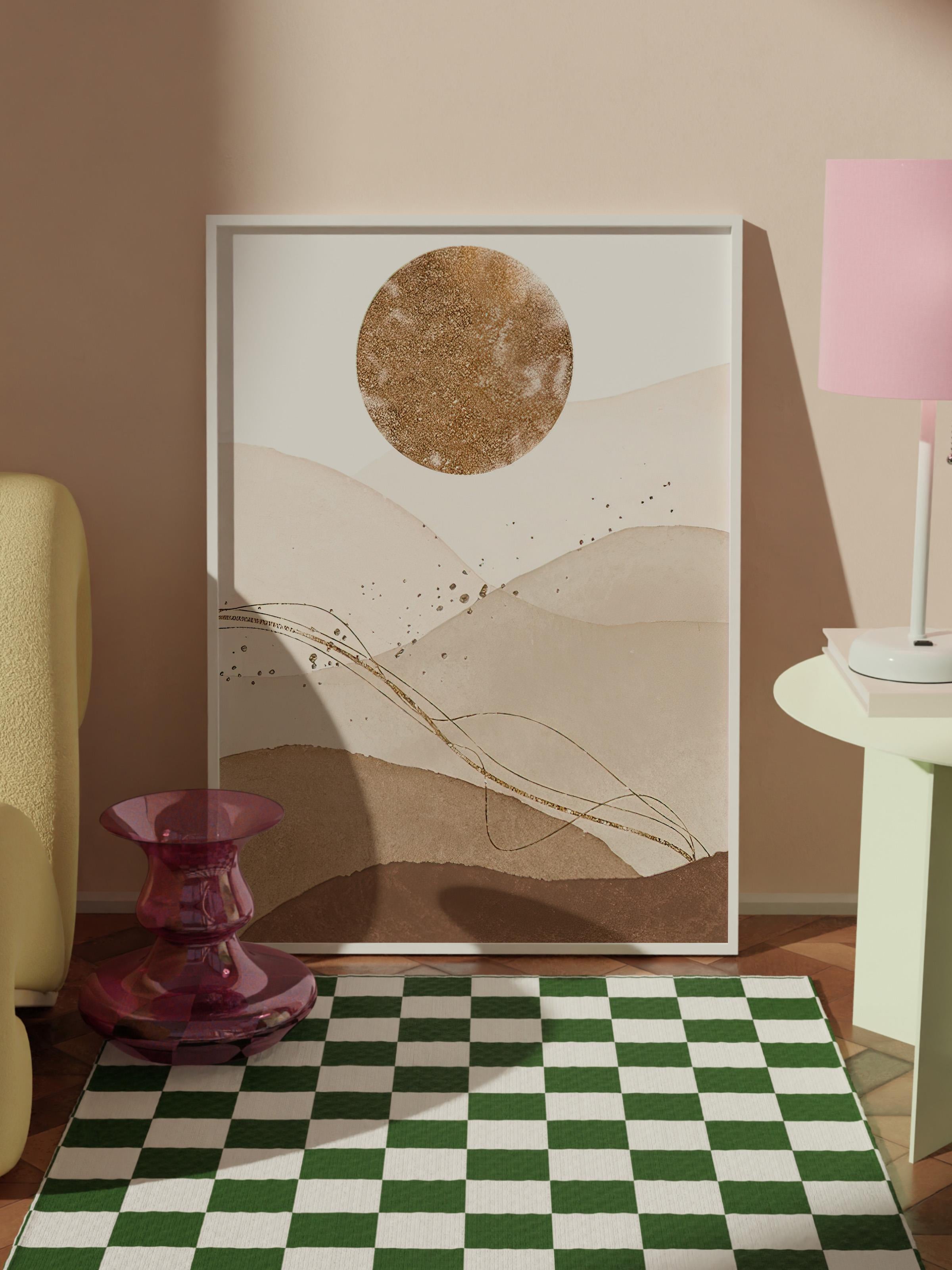 Golden Sun Çerçeveli Tablo, Beyaz Çerçeve ve Poster, Dikey Duvar Tablosu Comfort Serisi NO:108336