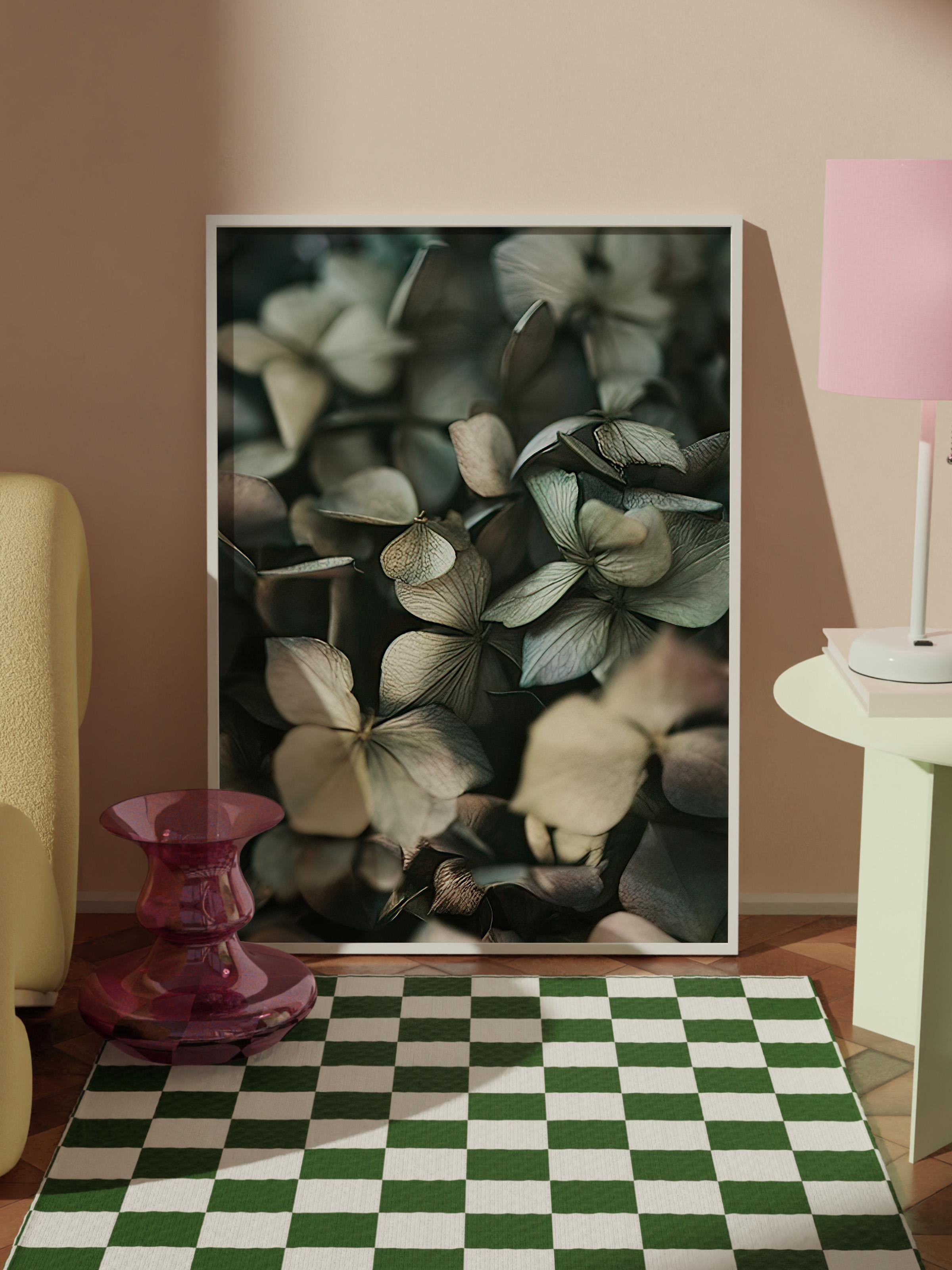 Green Hydrangea Çerçeveli Tablo, Beyaz Çerçeve ve Poster, Duvar Tablosu Comfort Serisi NO:108400