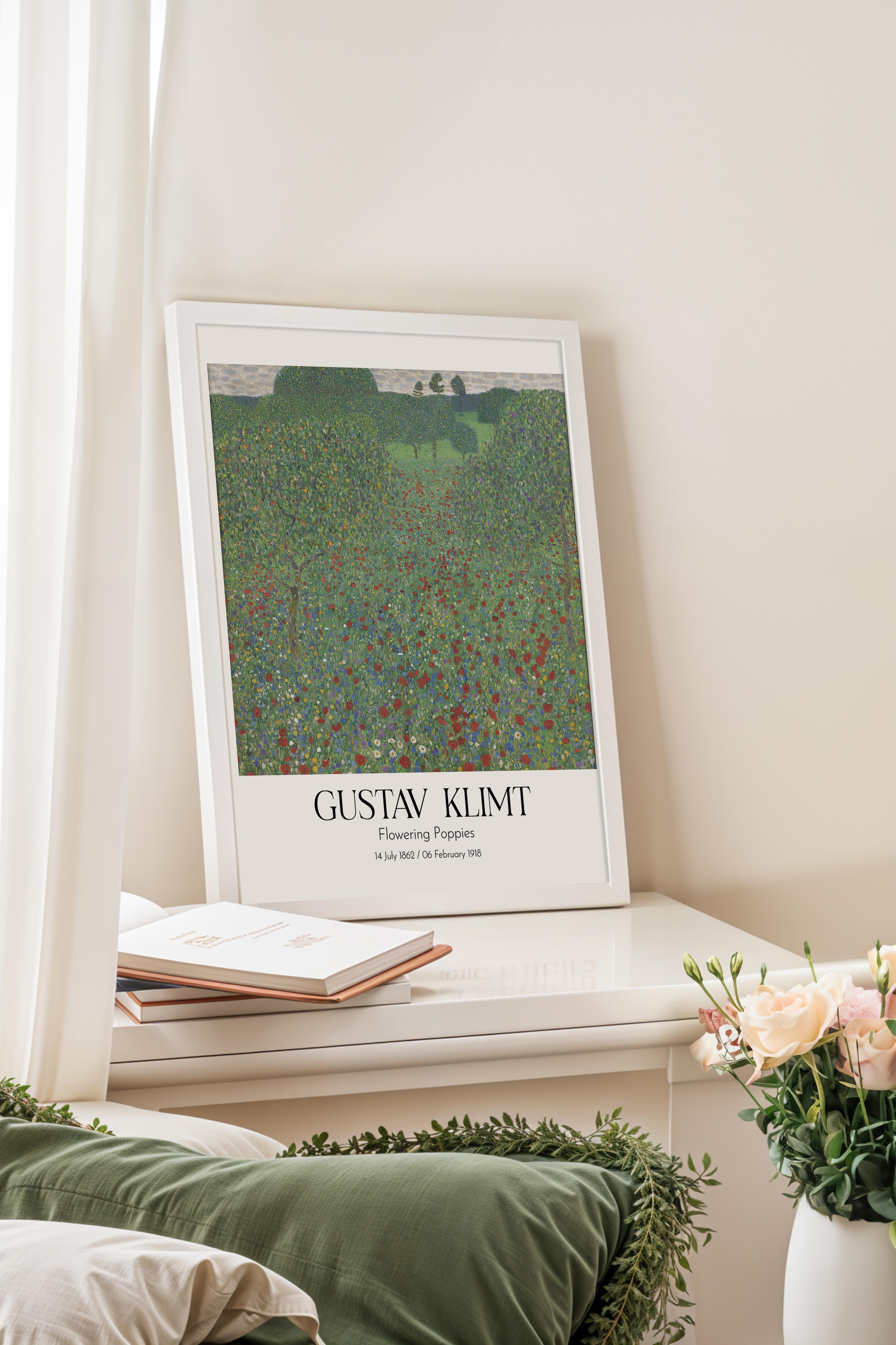 Gustav Klimt - Flowering Poppies, Beyaz Çerçeveli Tablo, Sanat Serisi NO:111972