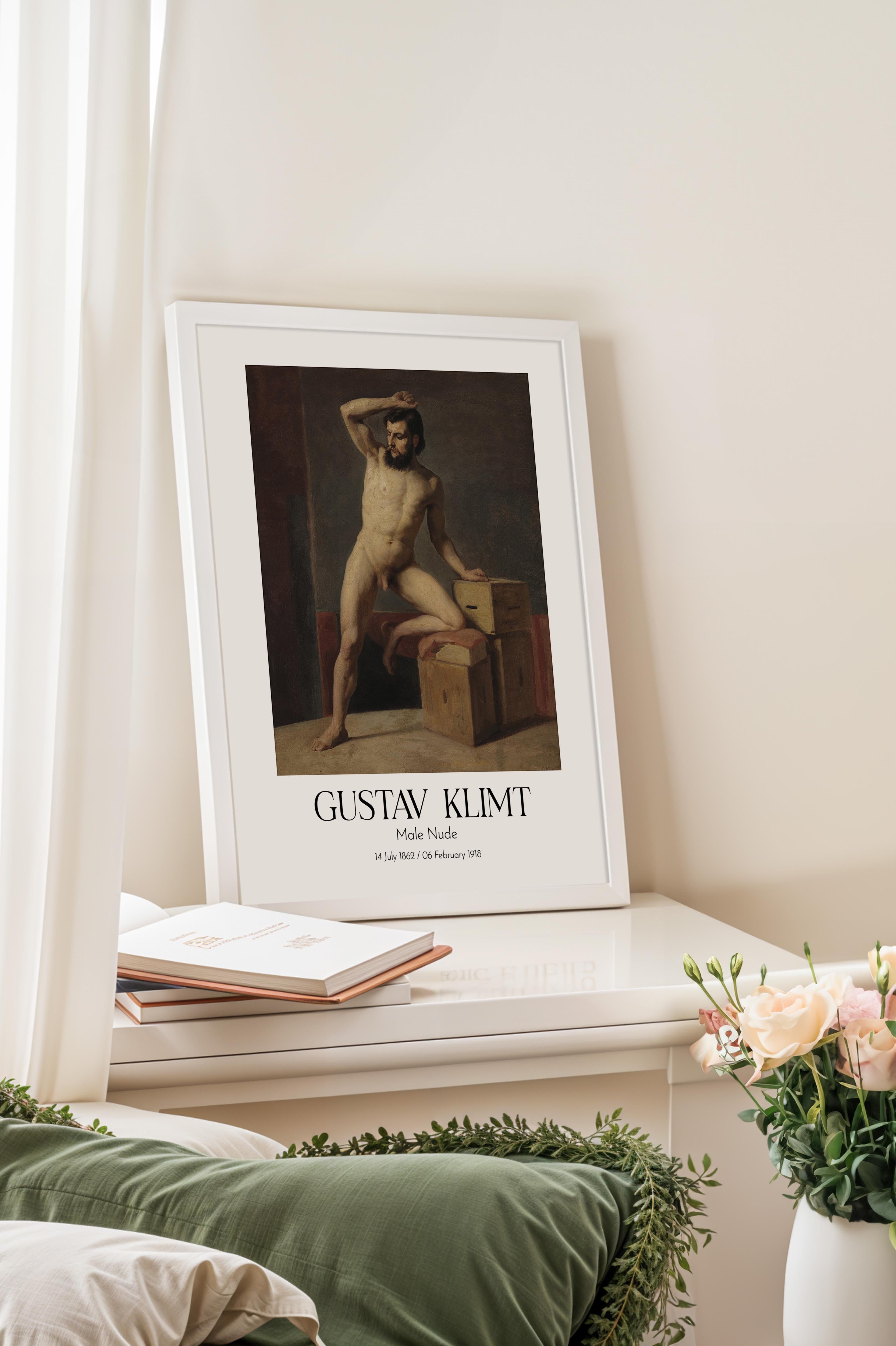 Gustav Klimt - Male Nude, Beyaz Çerçeveli Tablo, Sanat Serisi NO:111978