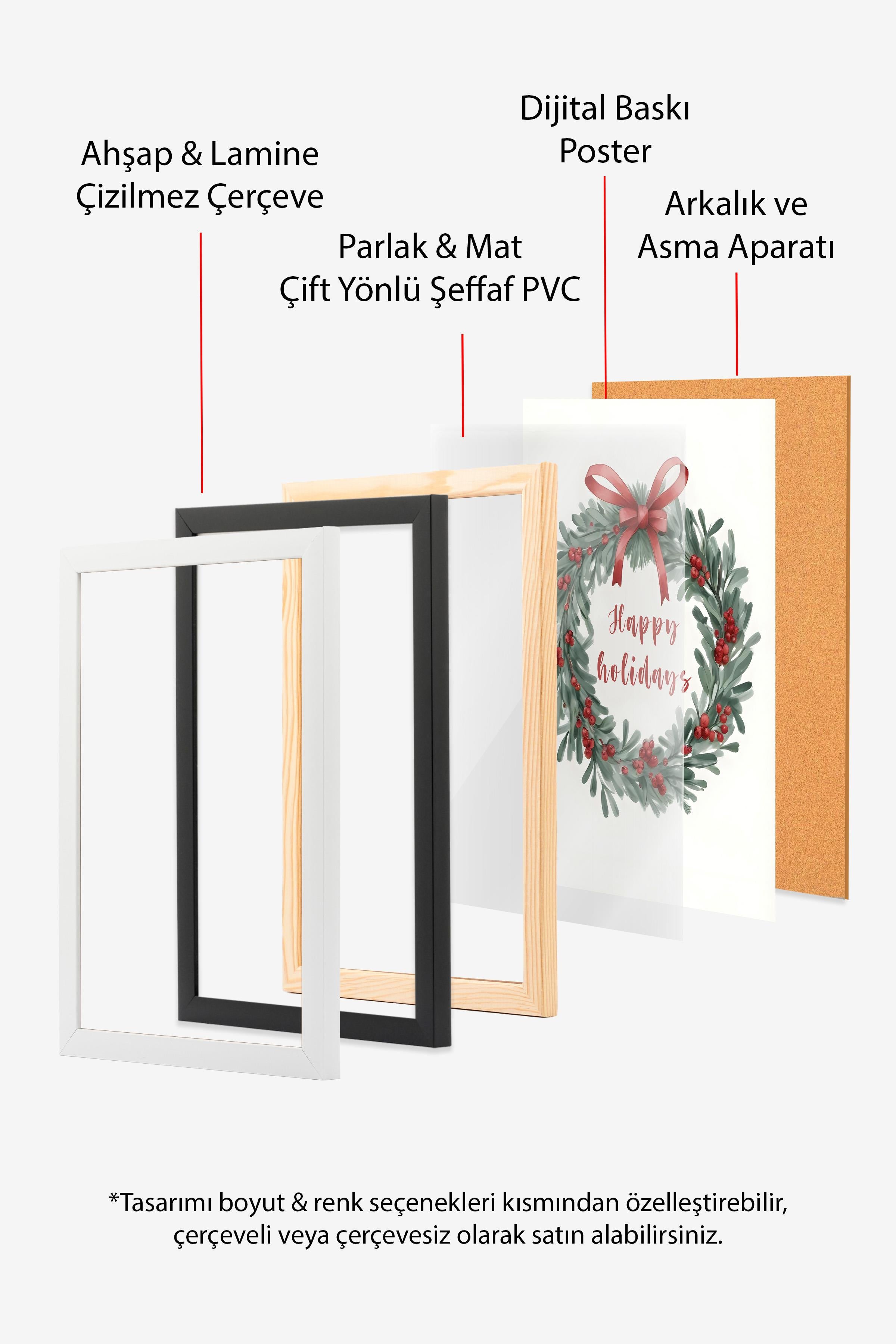 Happy Holidays Çerçeveli Yılbaşı Tablosu, Siyah Çerçeve ve Poster Comfort Serisi NO:108516