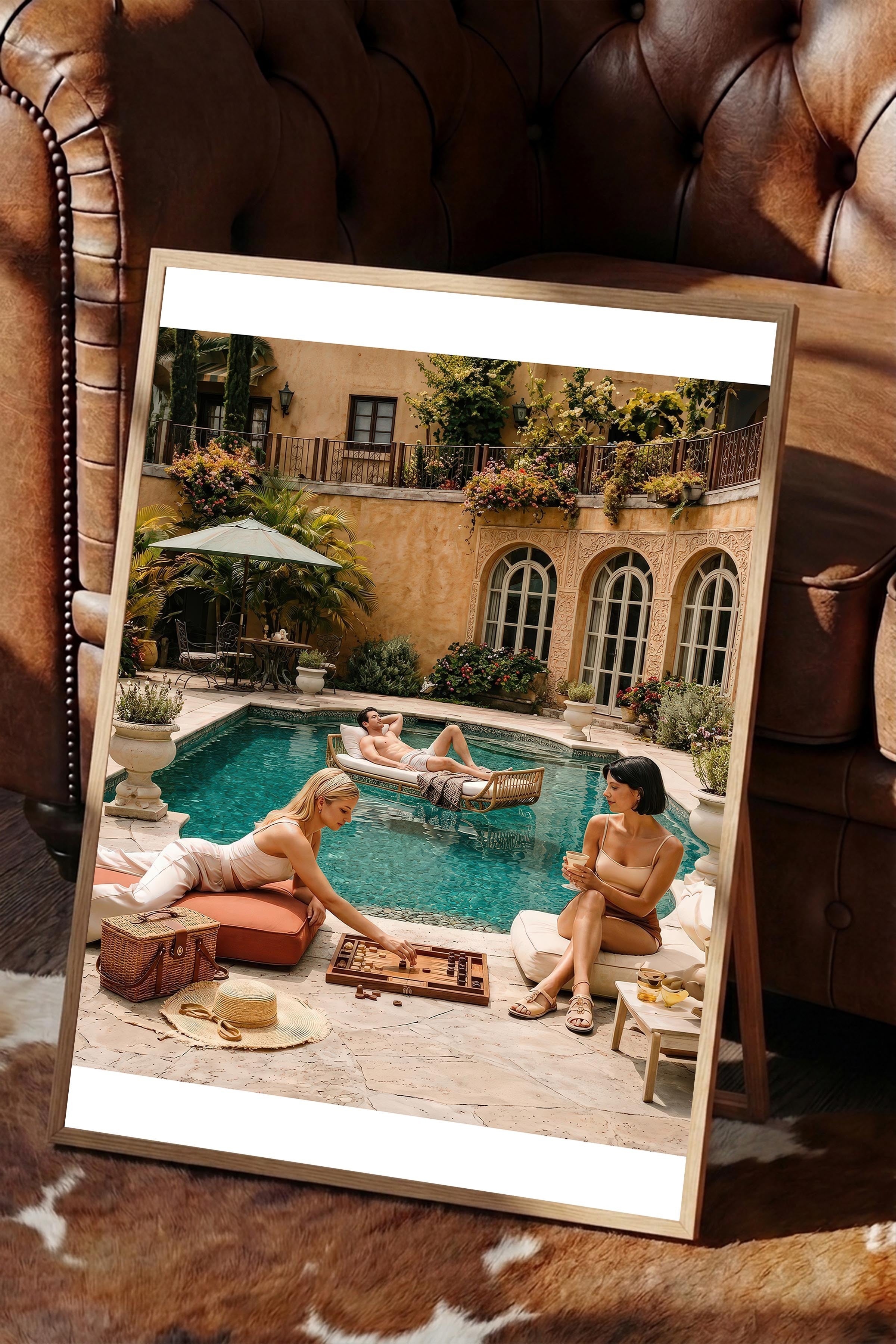 Havuz Başı Tatil Posteri, Ahşap Çerçeveli Poster, Old Money Serisi, NO:113198