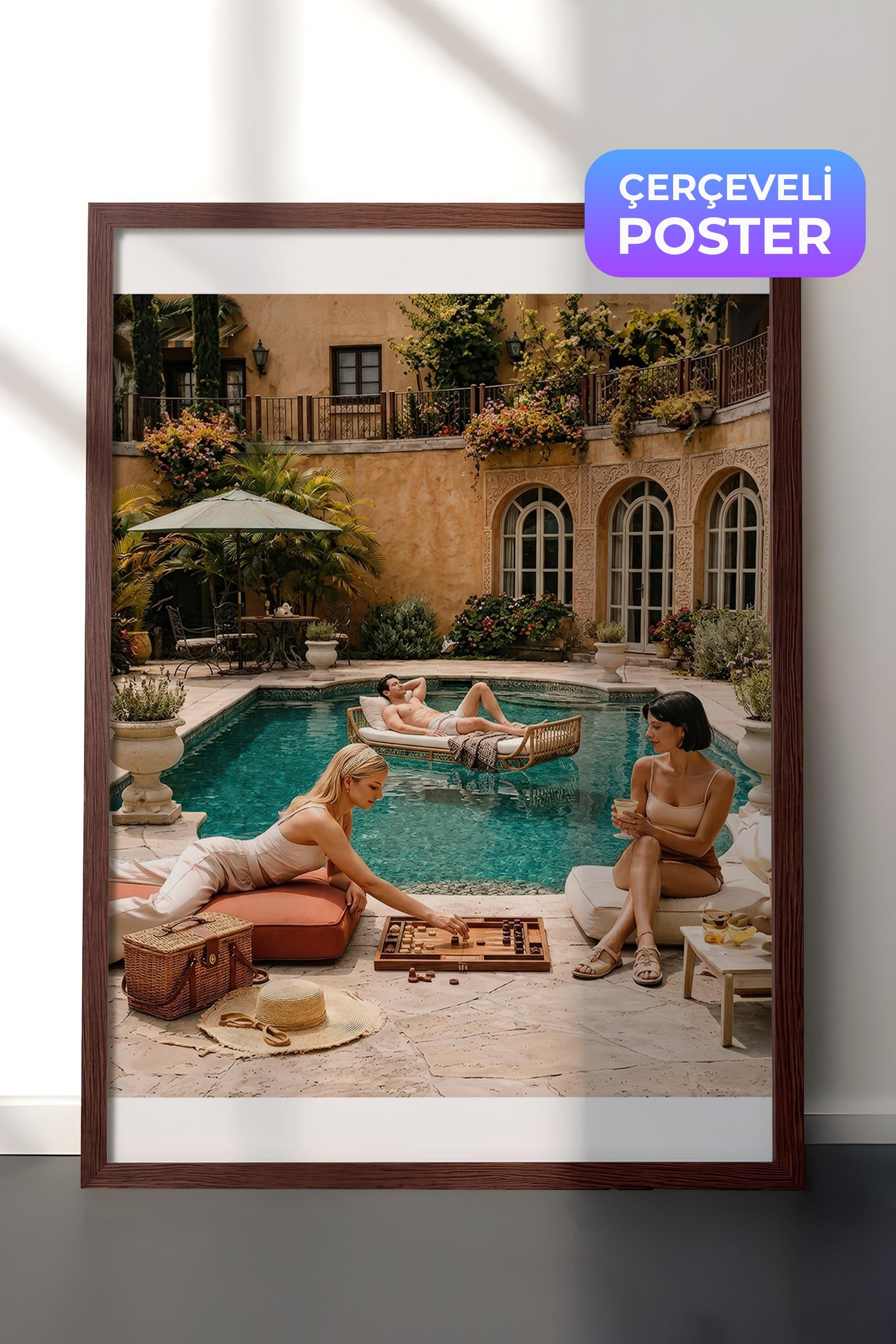 Havuz Kenarı Posteri, Kahverengi Çerçeveli Poster, Old Money Serisi, NO:113199