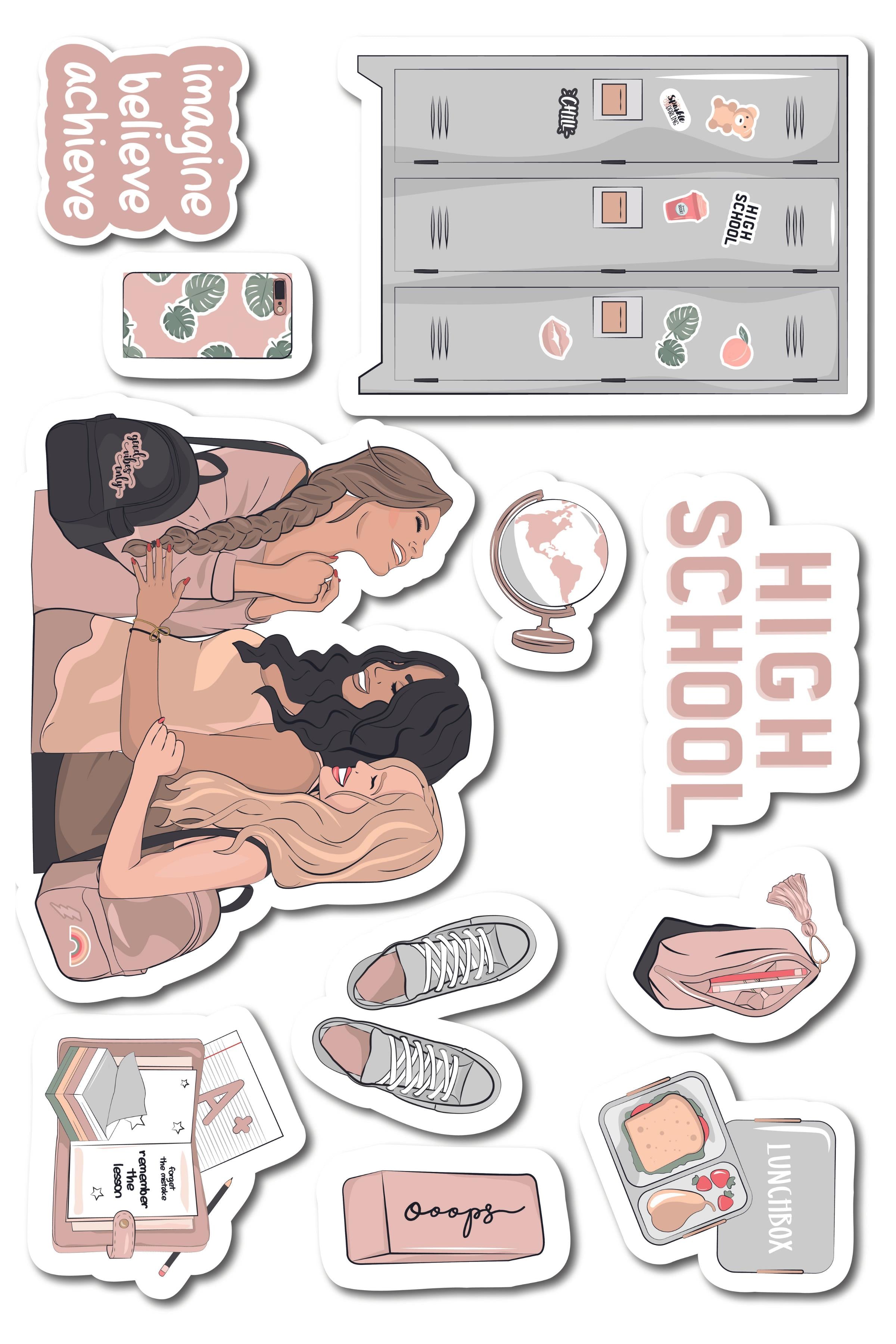 Lise Temalı Sticker ve Etiket Seti - Orta Boy - Su Geçirmez, Kalın Yapışkanlı Sticker Seti
