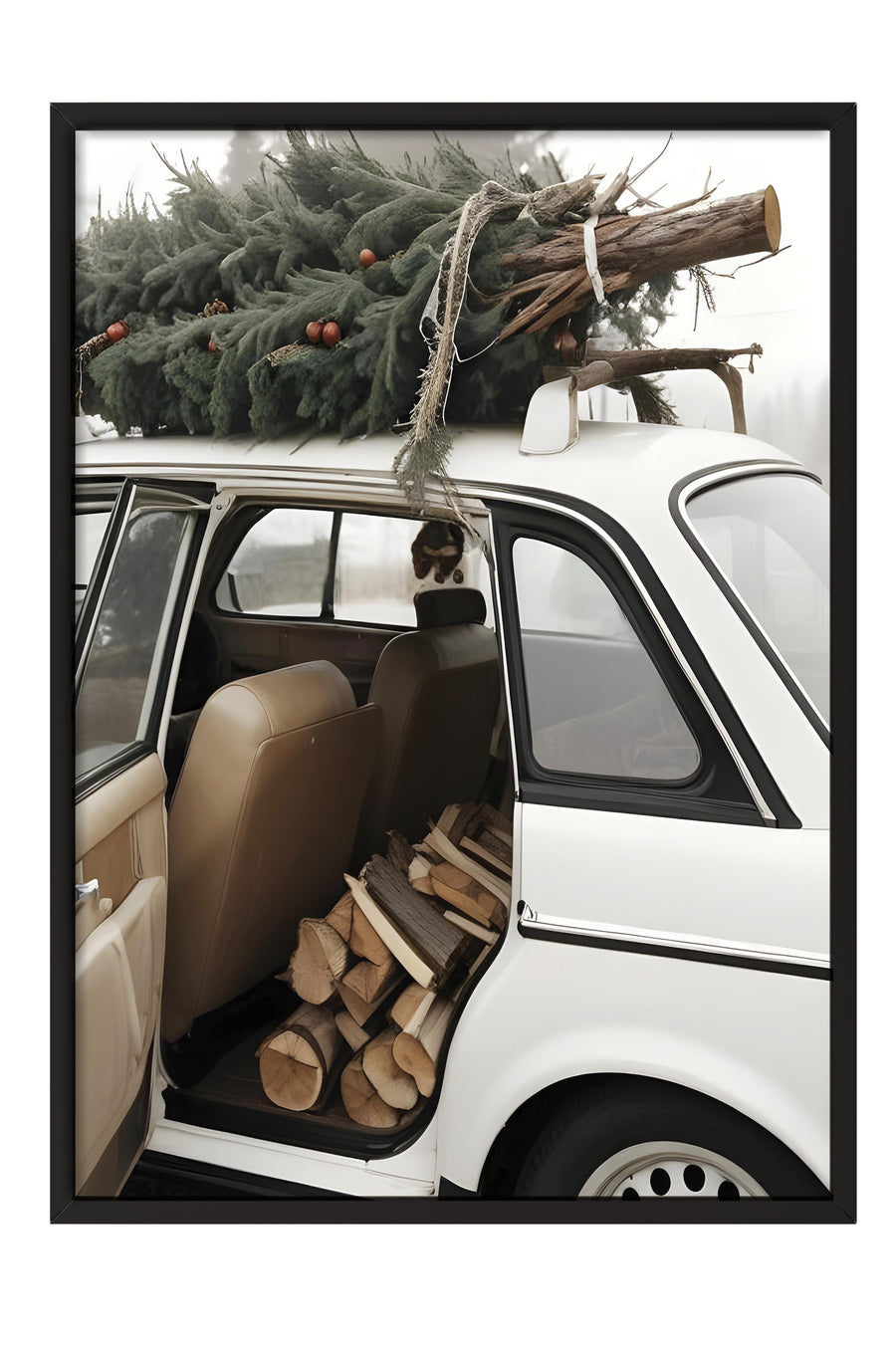 Holiday Car Yılbaşı Tablo, Siyah Çerçeve ve Poster, Dikey Duvar Tablosu Comfort Serisi NO:108473
