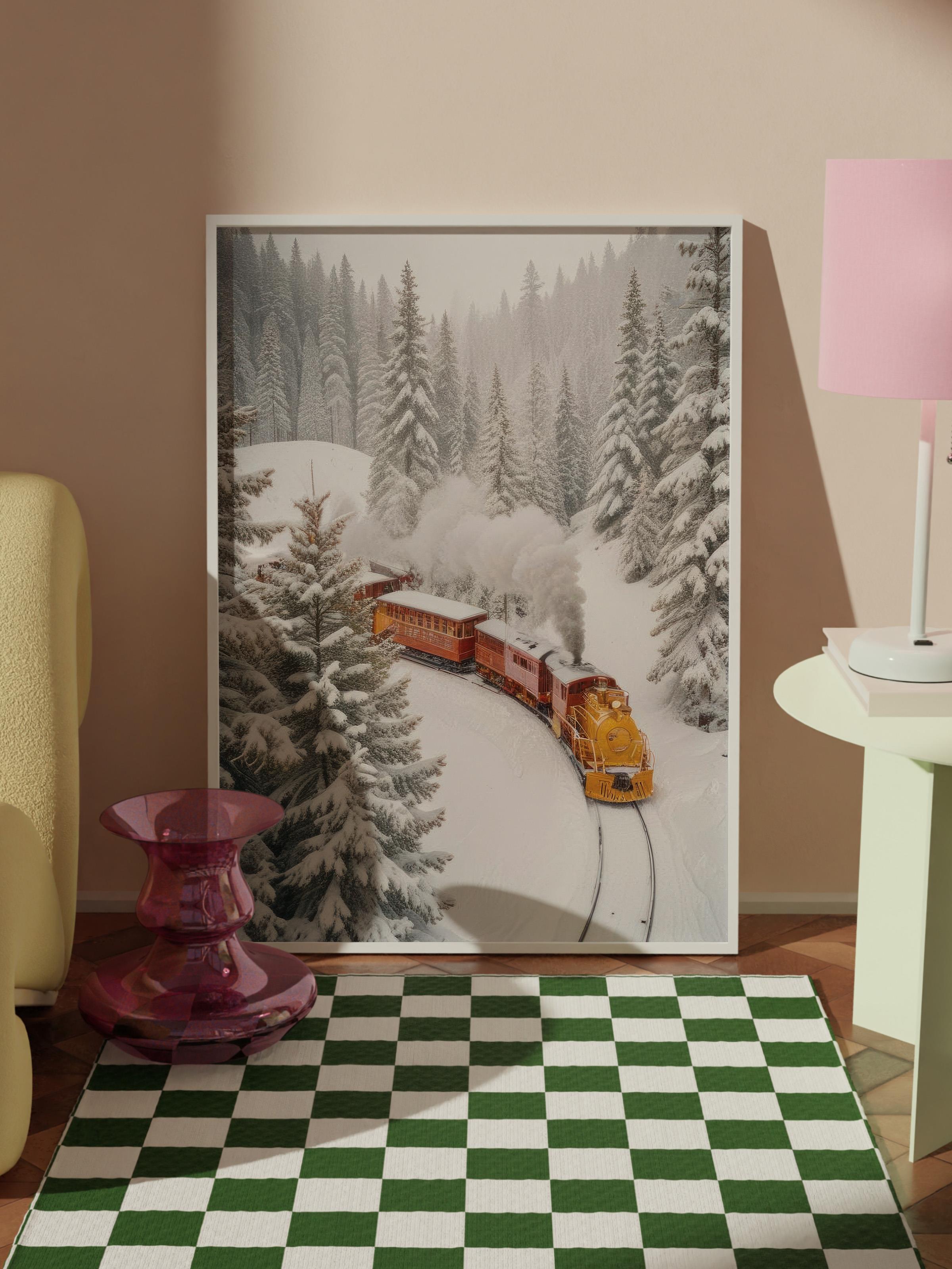 Holiday Train Yılbaşı Tablo, Beyaz Çerçeve ve Poster, Dikey Duvar Tablosu Comfort Serisi NO:108470