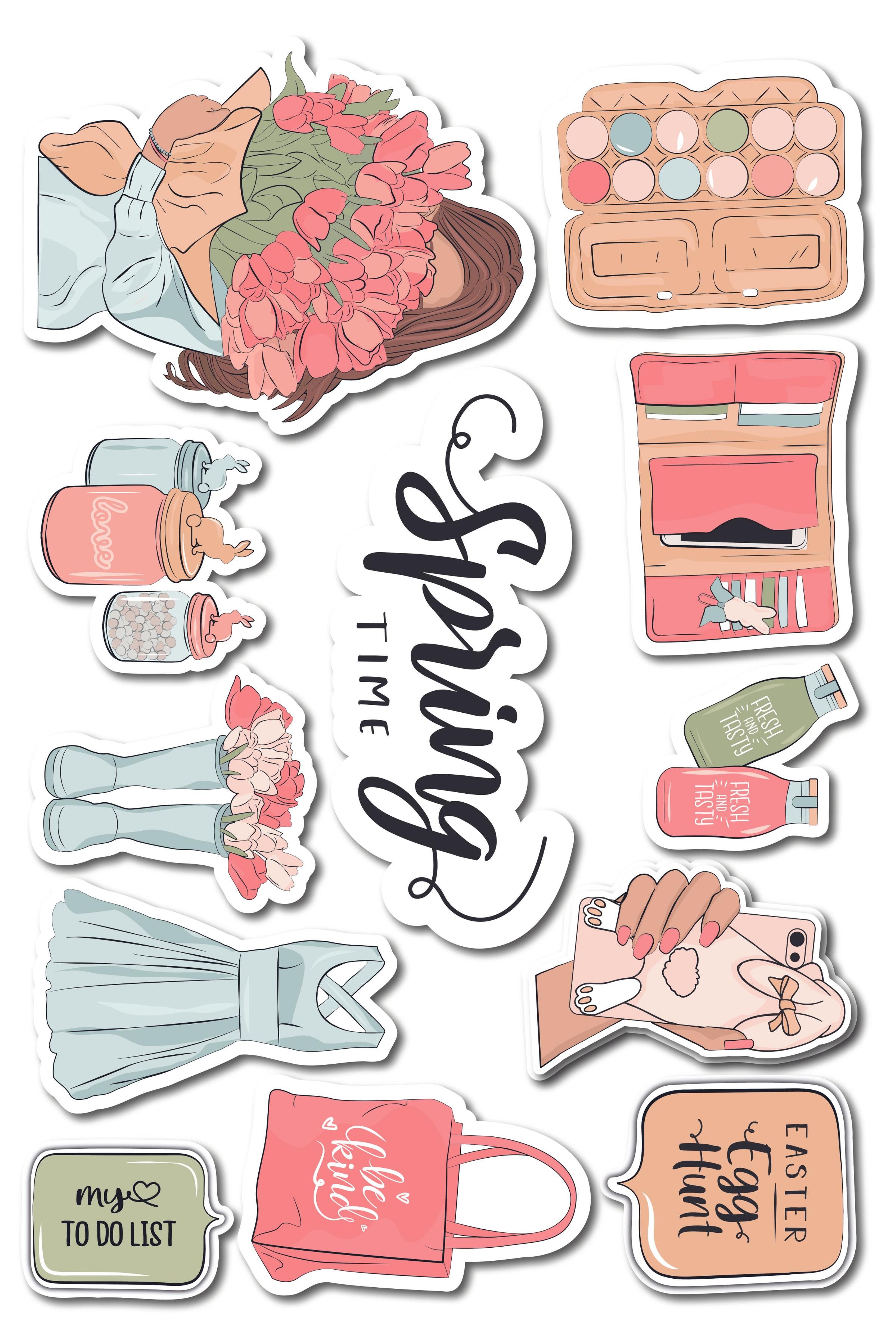 İlkbahar Temalı Sticker ve Etiket Seti - Orta Boy - Su Geçirmez, Kalın Yapışkanlı Sticker Seti