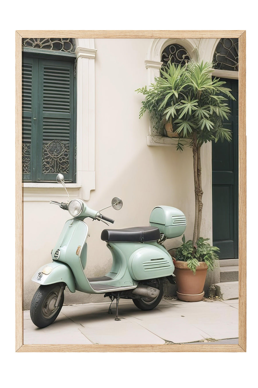 Nostaljik Vespa Sokak Manzarası Comfort Serisi Poster – Ahşap Çerçeveli Tablo