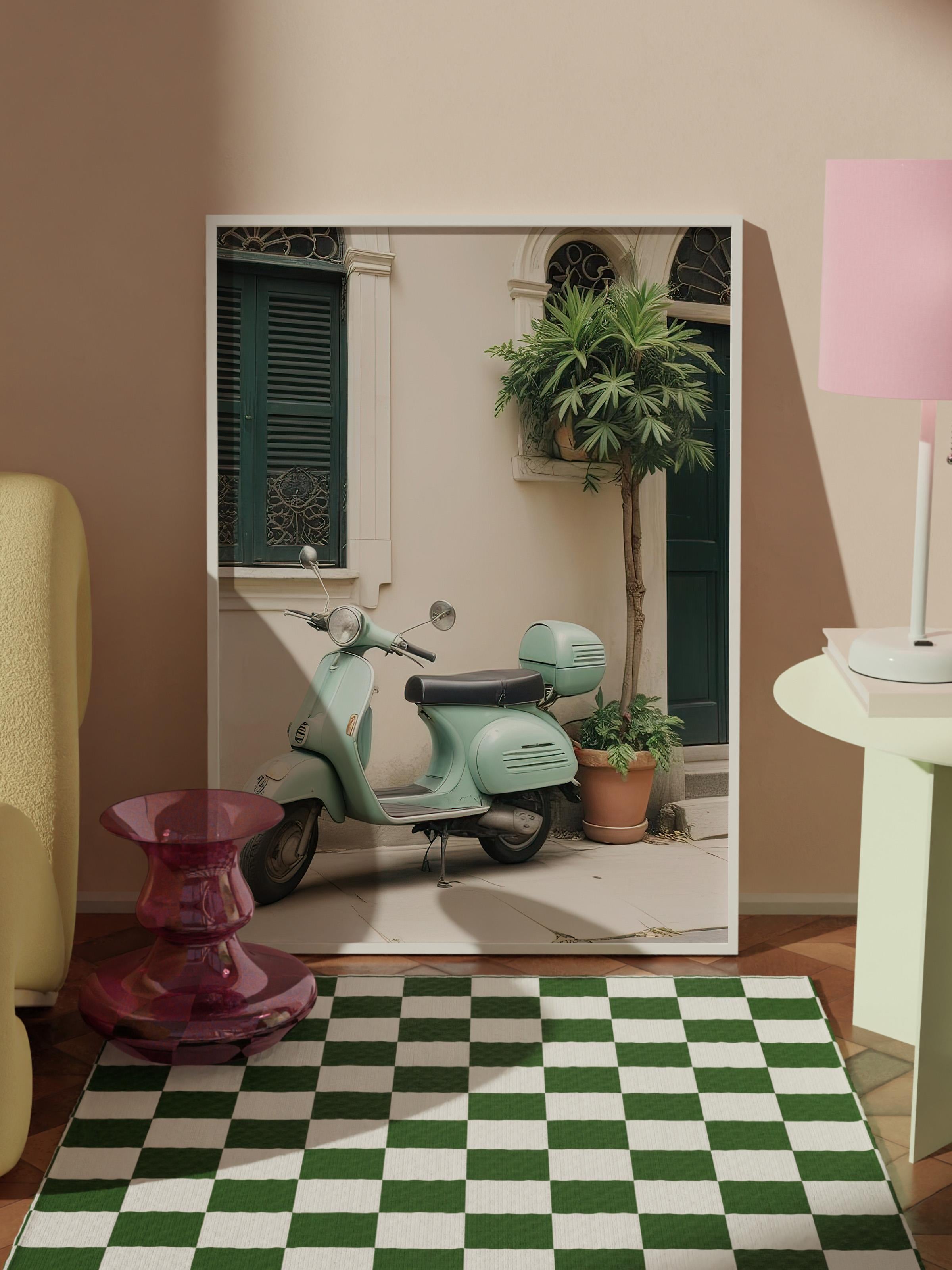 Italy Vespa Çerçeveli Tablo, Beyaz Çerçeve ve Poster, Dikey Duvar Tablosu Comfort Serisi NO:108322