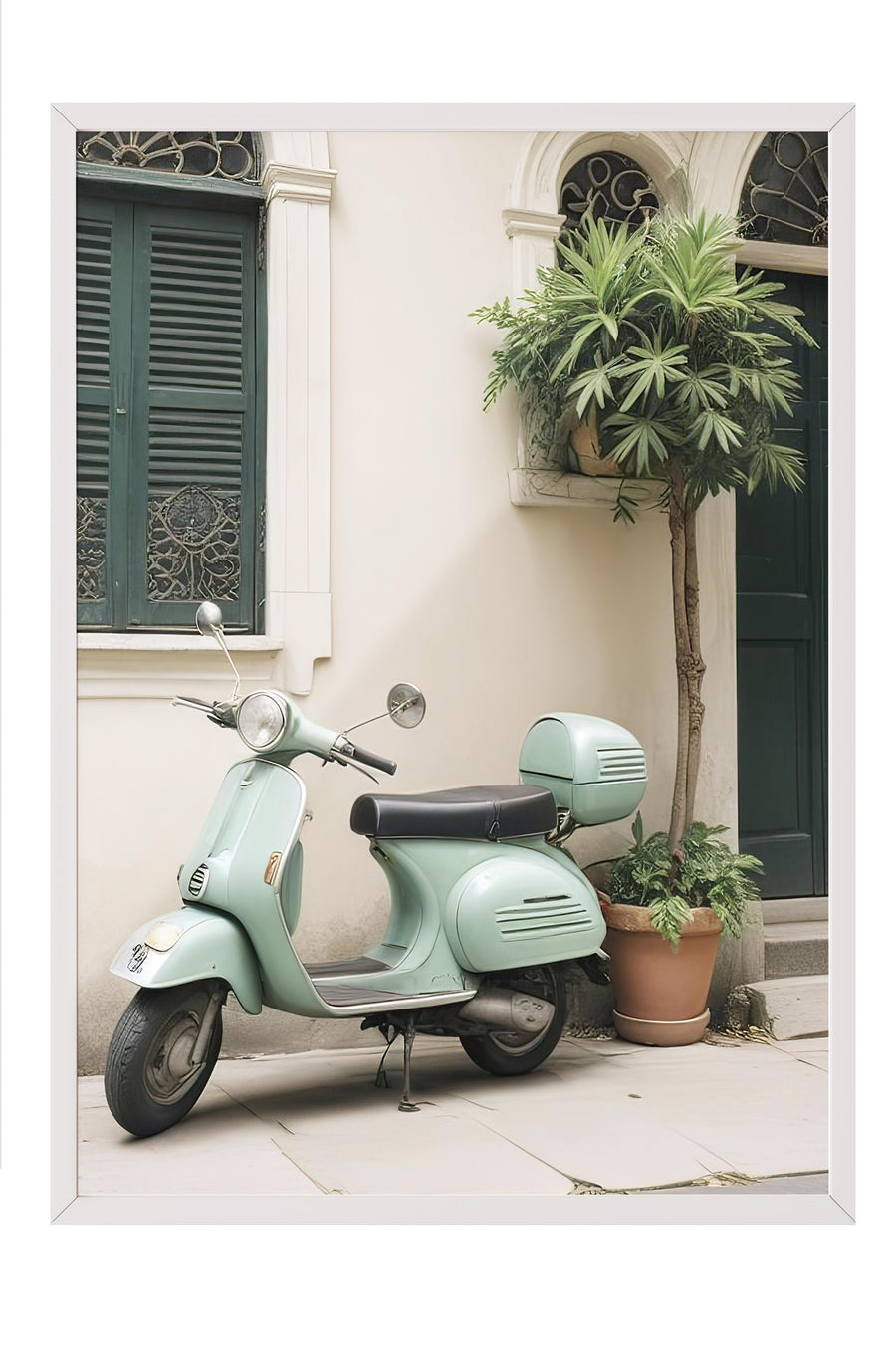 Nostaljik Vespa Sokak Manzarası Comfort Serisi Poster – Beyaz Çerçeveli Tablo