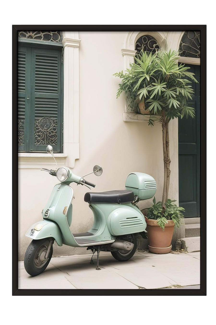 Nostaljik Vespa Sokak Manzarası Comfort Serisi Poster – Siyah Çerçeveli Tablo