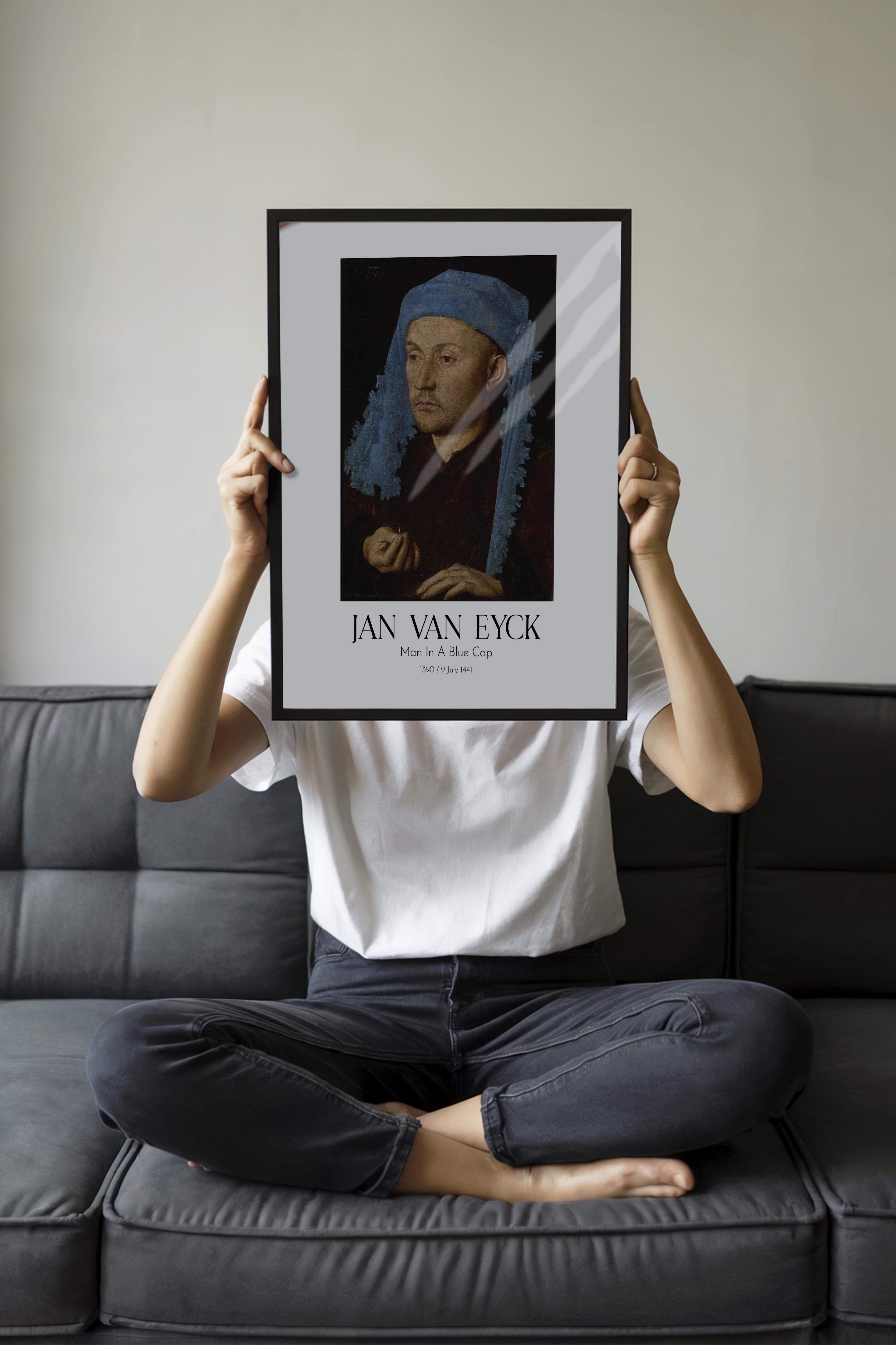 Jan Van Eyck - Man In A Blue Cap, Siyah Çerçeveli Tablo, Sanat Serisi NO:112139