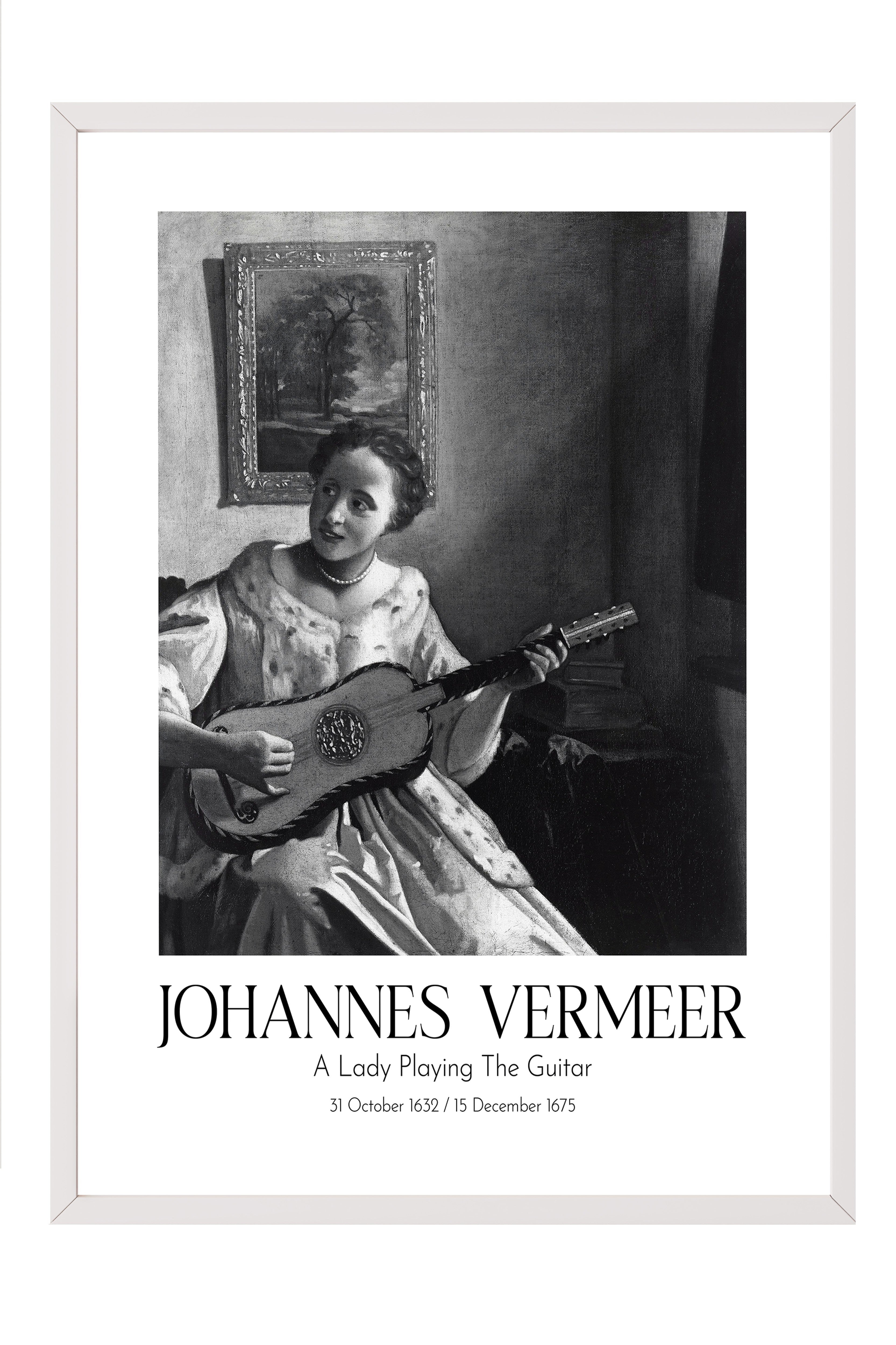 Johannes Vermeer - A Lady Playing The Guitar, Beyaz Çerçeveli Tablo, Sanat Serisi NO:110340