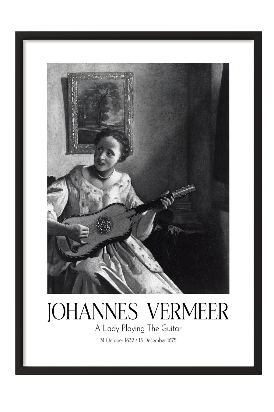 Johannes Vermeer - A Lady Playing The Guitar, Siyah Çerçeveli Tablo, Sanat Serisi NO:110340
