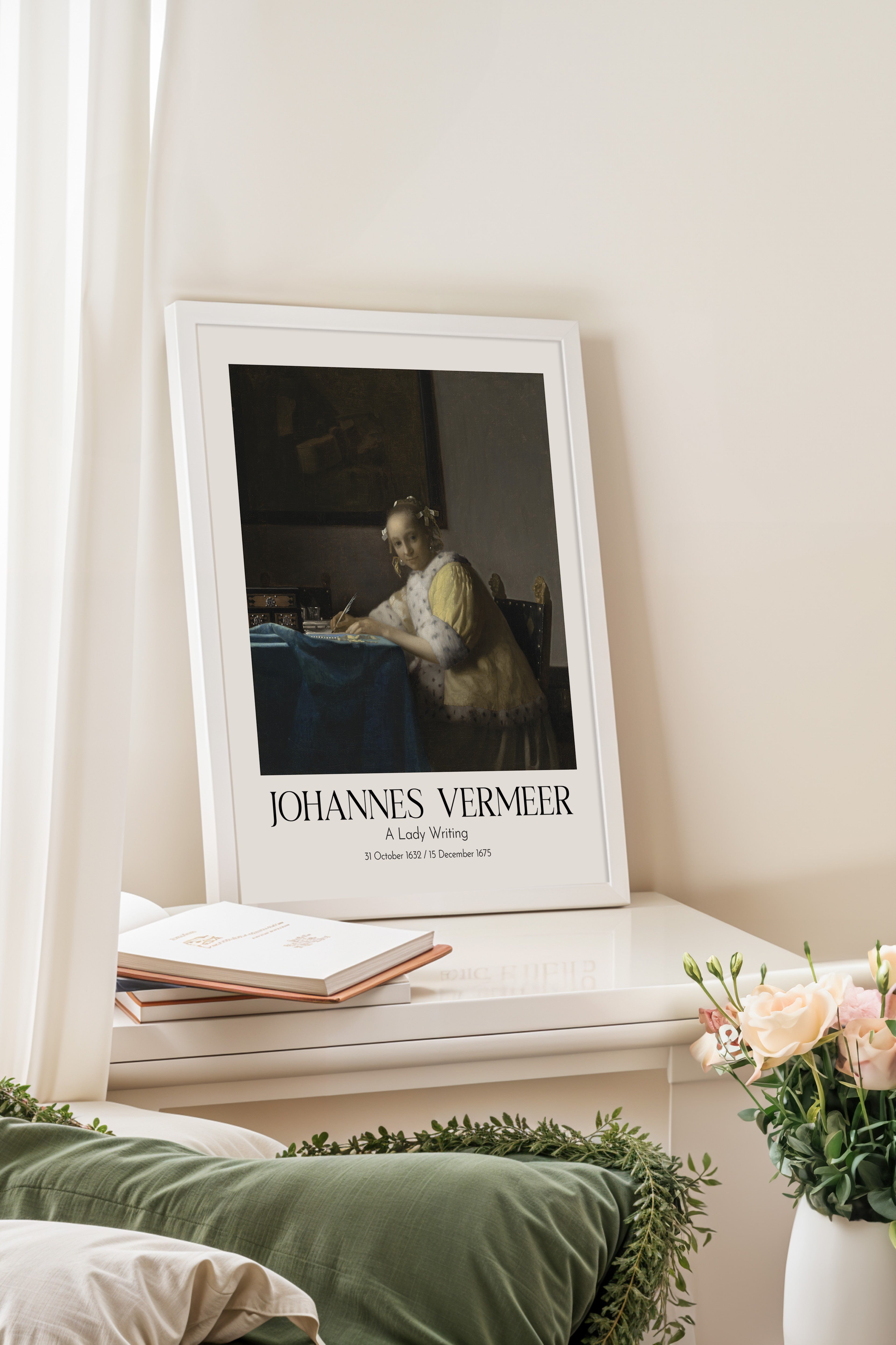 Johannes Vermeer - A Lady Writing, Beyaz Çerçeveli Tablo, Sanat Serisi NO:110341