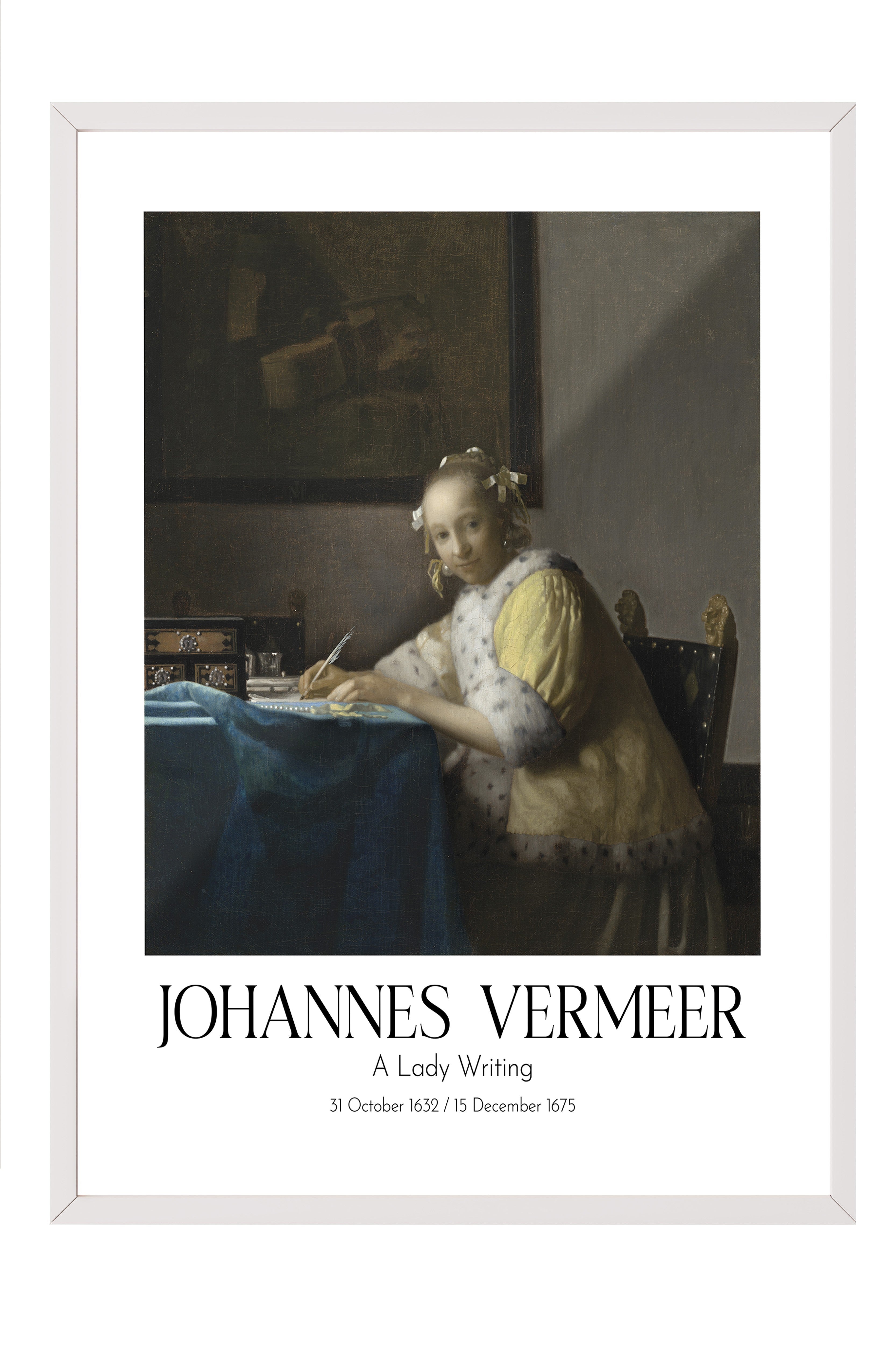 Johannes Vermeer - A Lady Writing, Beyaz Çerçeveli Tablo, Sanat Serisi NO:110341