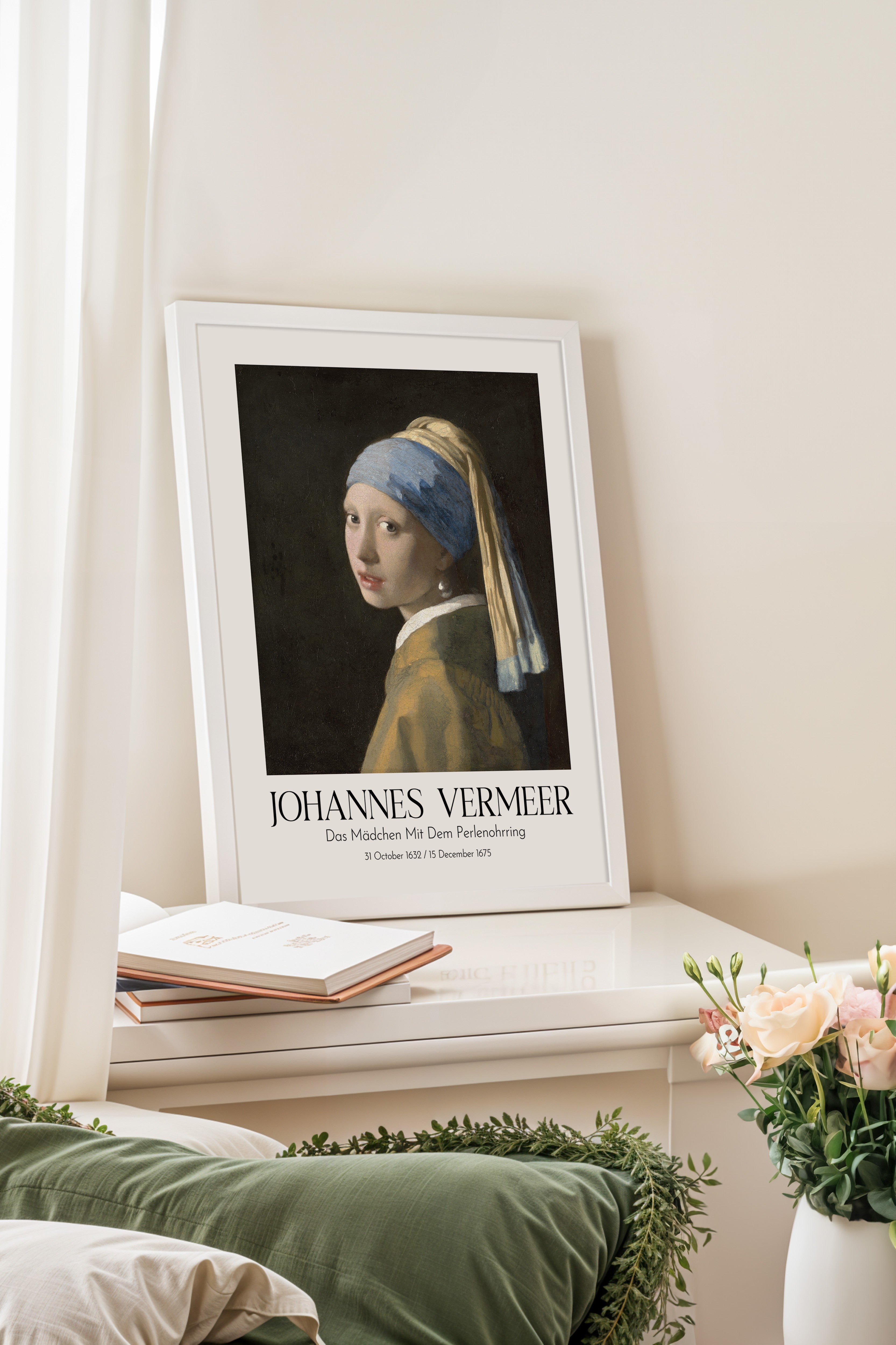 Johannes Vermeer - Das Mädchen Mit Dem Perlenohrring, Beyaz Çerçeveli Tablo, Sanat Serisi NO:110346