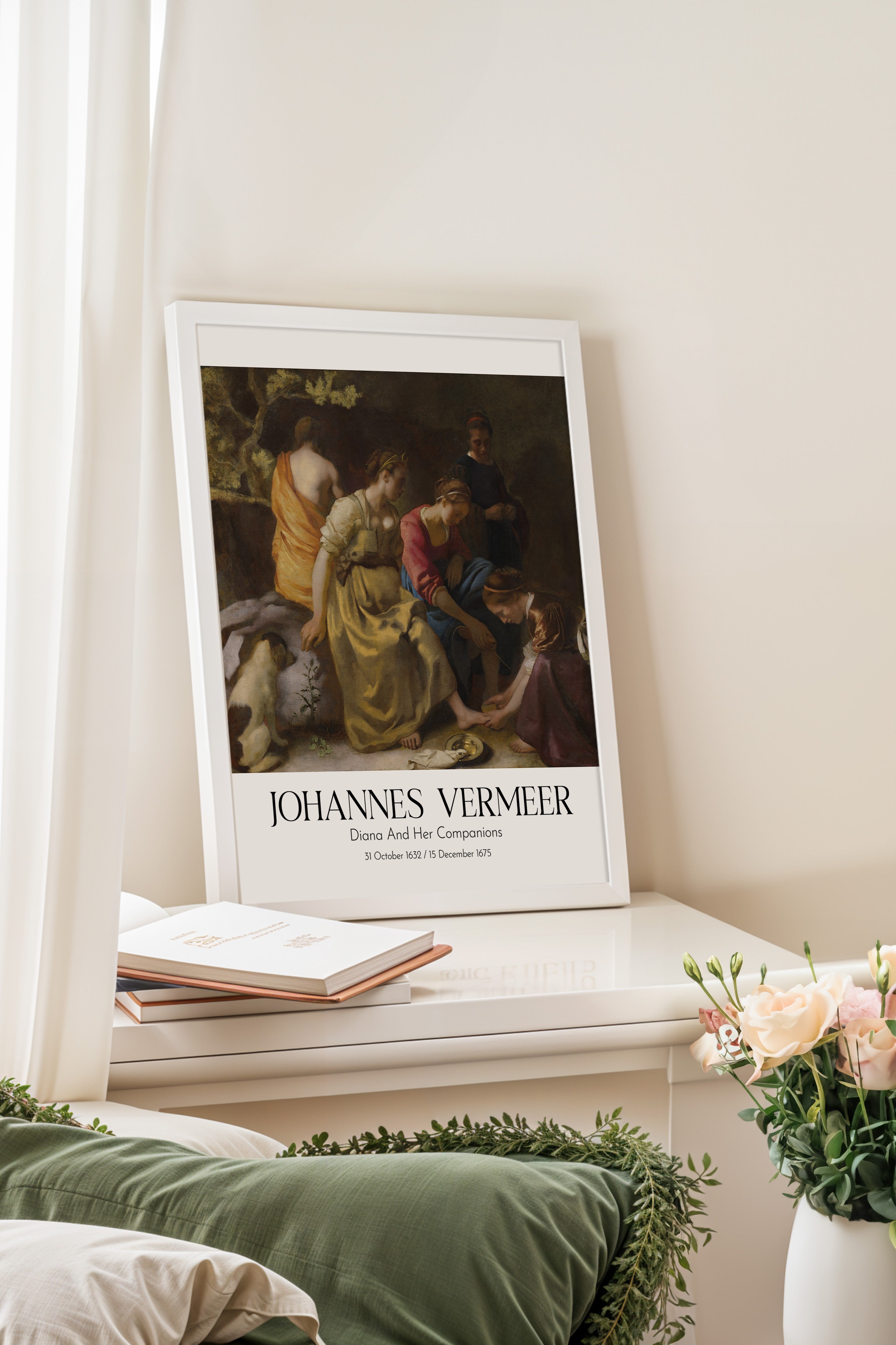 Johannes Vermeer - Diana And Her Companions, Beyaz Çerçeveli Tablo, Sanat Serisi NO:110347