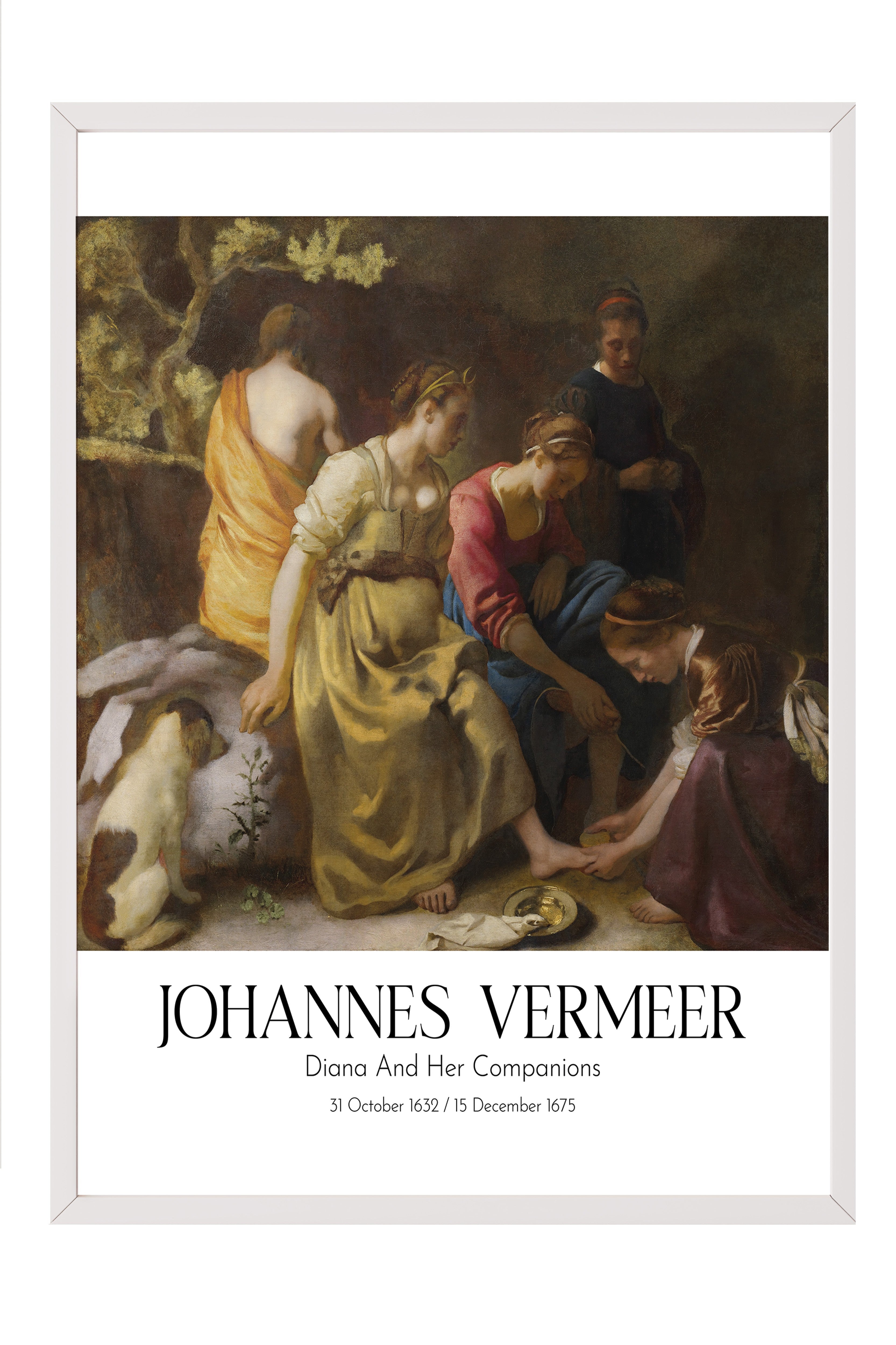 Johannes Vermeer - Diana And Her Companions, Beyaz Çerçeveli Tablo, Sanat Serisi NO:110347