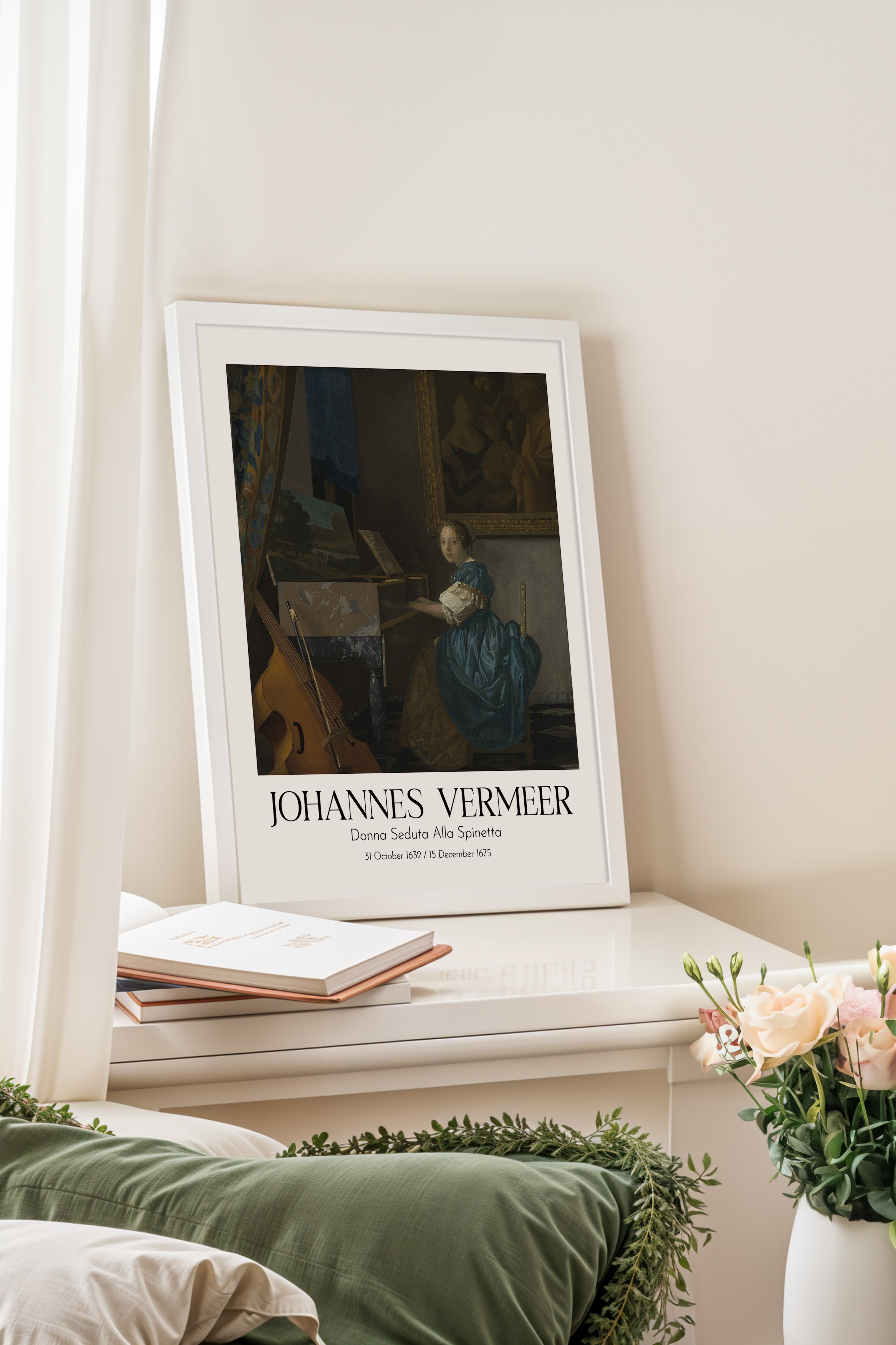 Johannes Vermeer - Donna Seduta Alla Spinetta, Beyaz Çerçeveli Tablo, Sanat Serisi NO:110364
