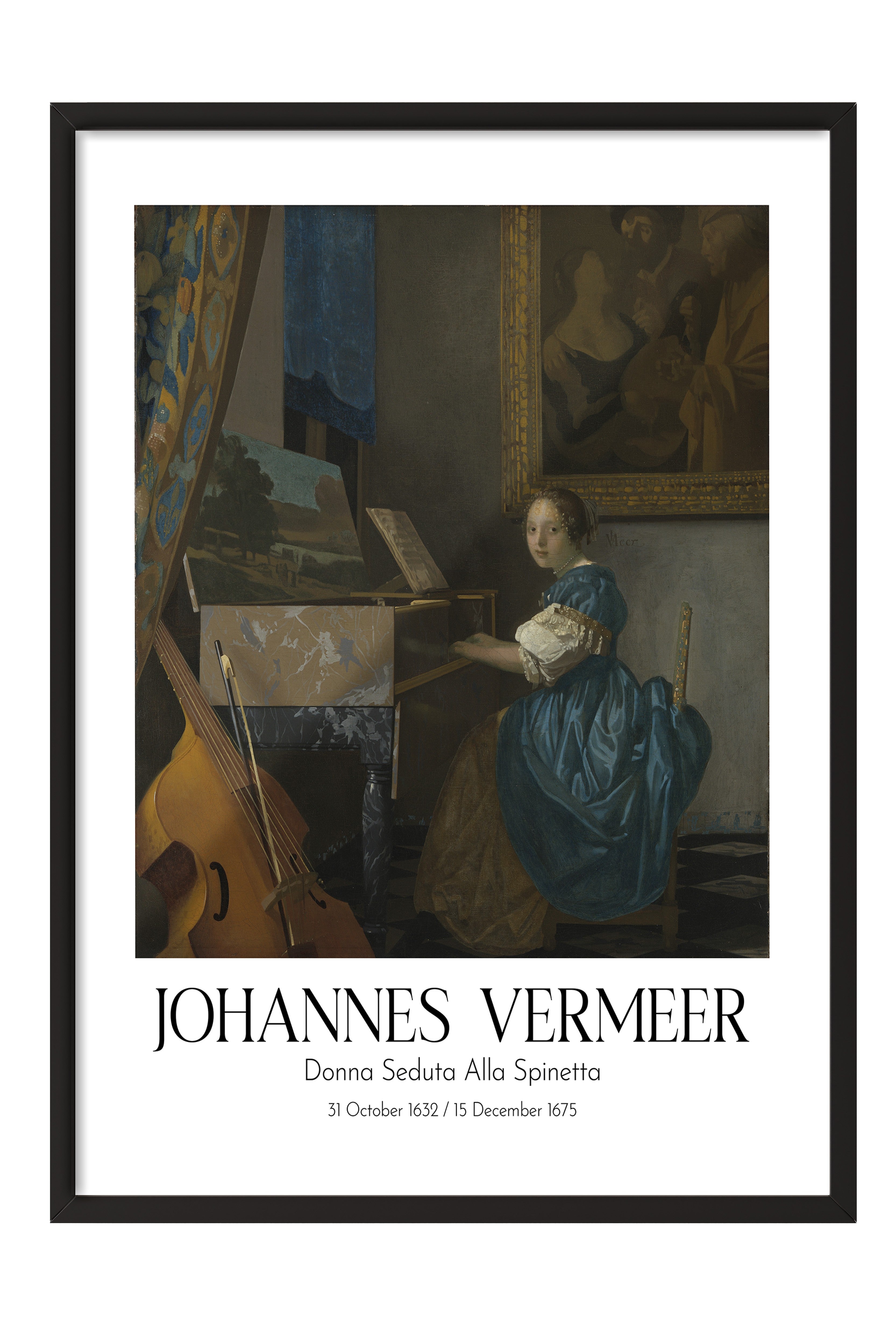 Johannes Vermeer - Donna Seduta Alla Spinetta, Siyah Çerçeveli Tablo, Sanat Serisi NO:110364