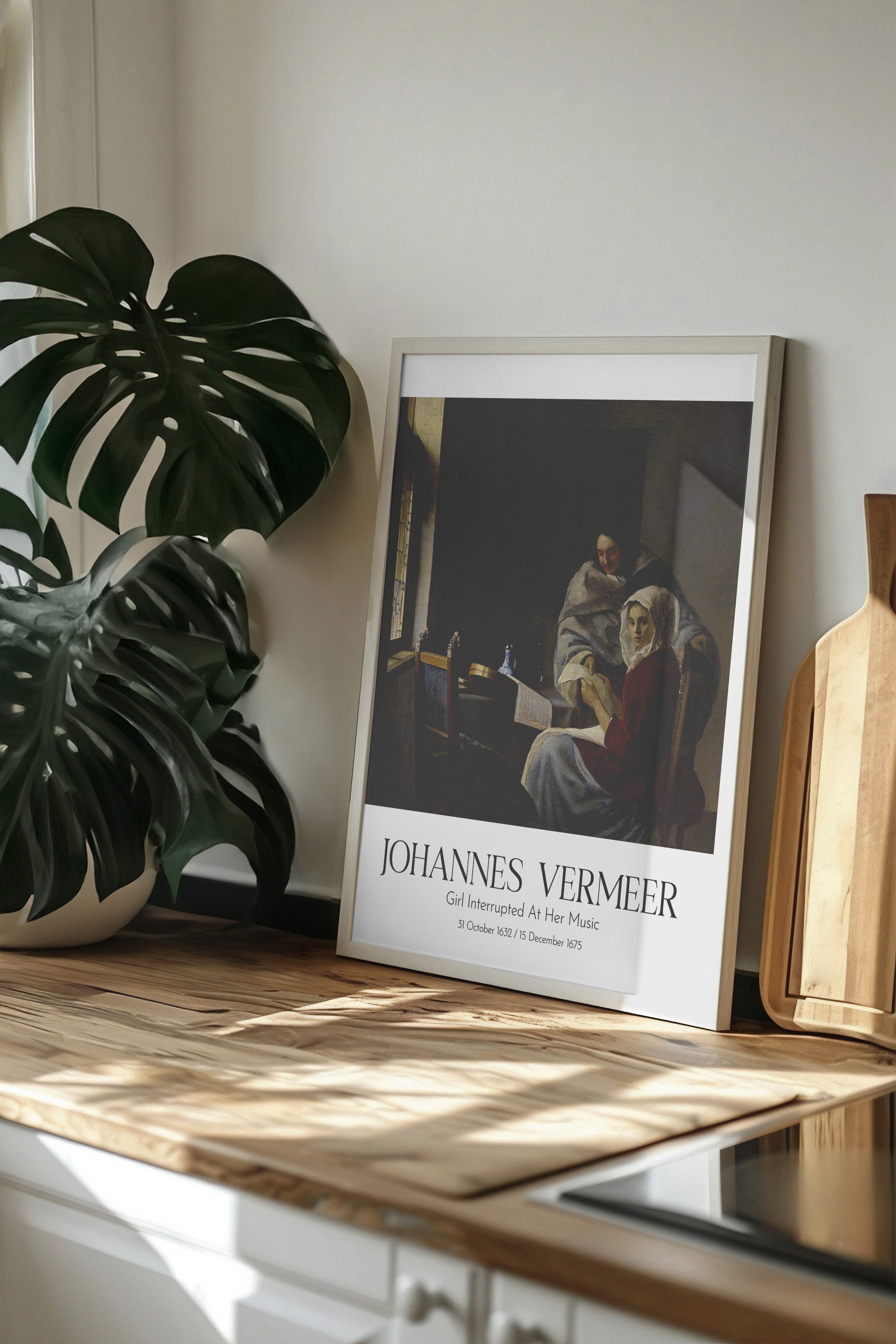 Johannes Vermeer - Girl Interrupted At Her Music, Beyaz Çerçeveli Tablo, Sanat Serisi NO:110348