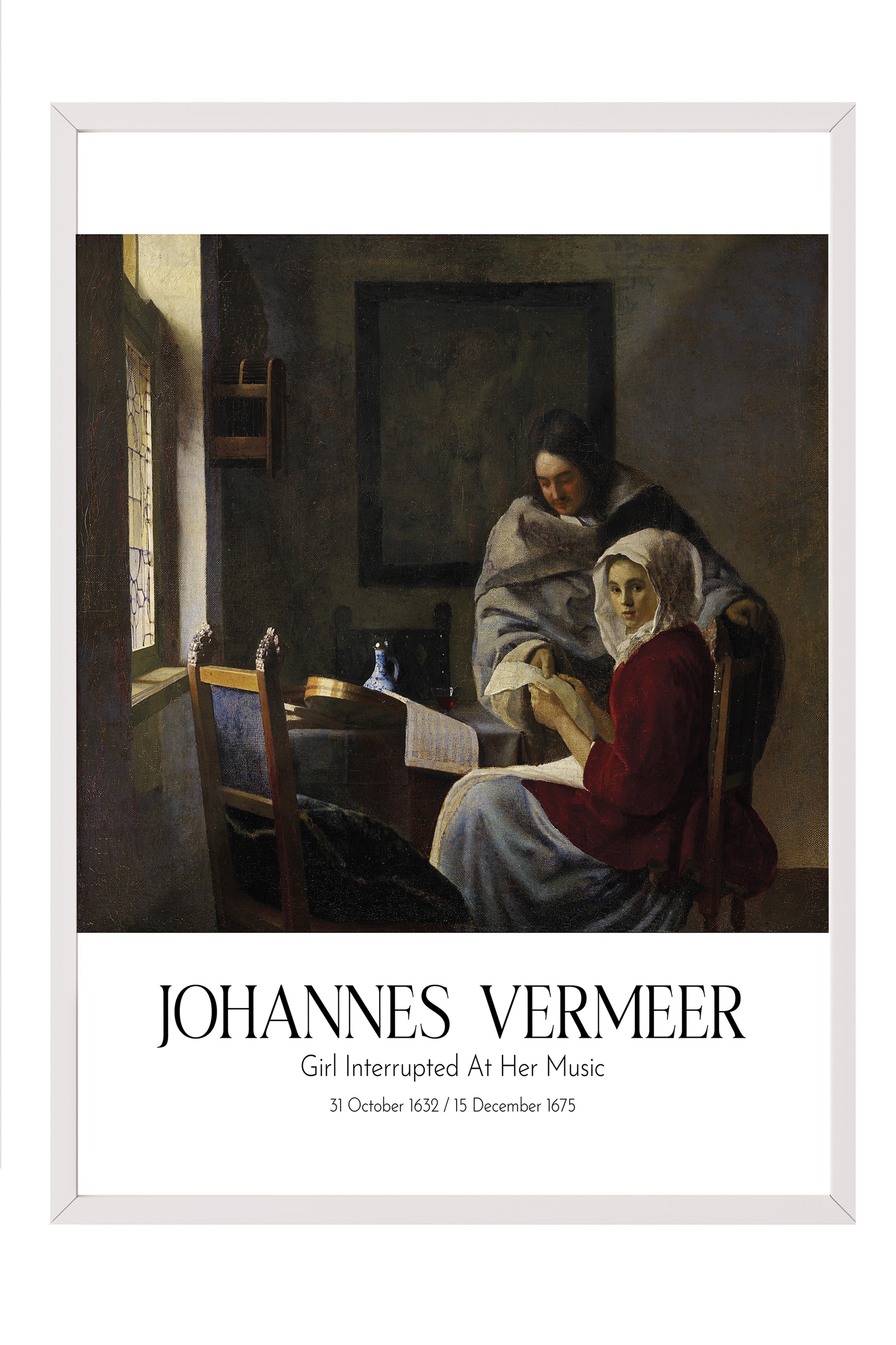 Johannes Vermeer - Girl Interrupted At Her Music, Beyaz Çerçeveli Tablo, Sanat Serisi NO:110348