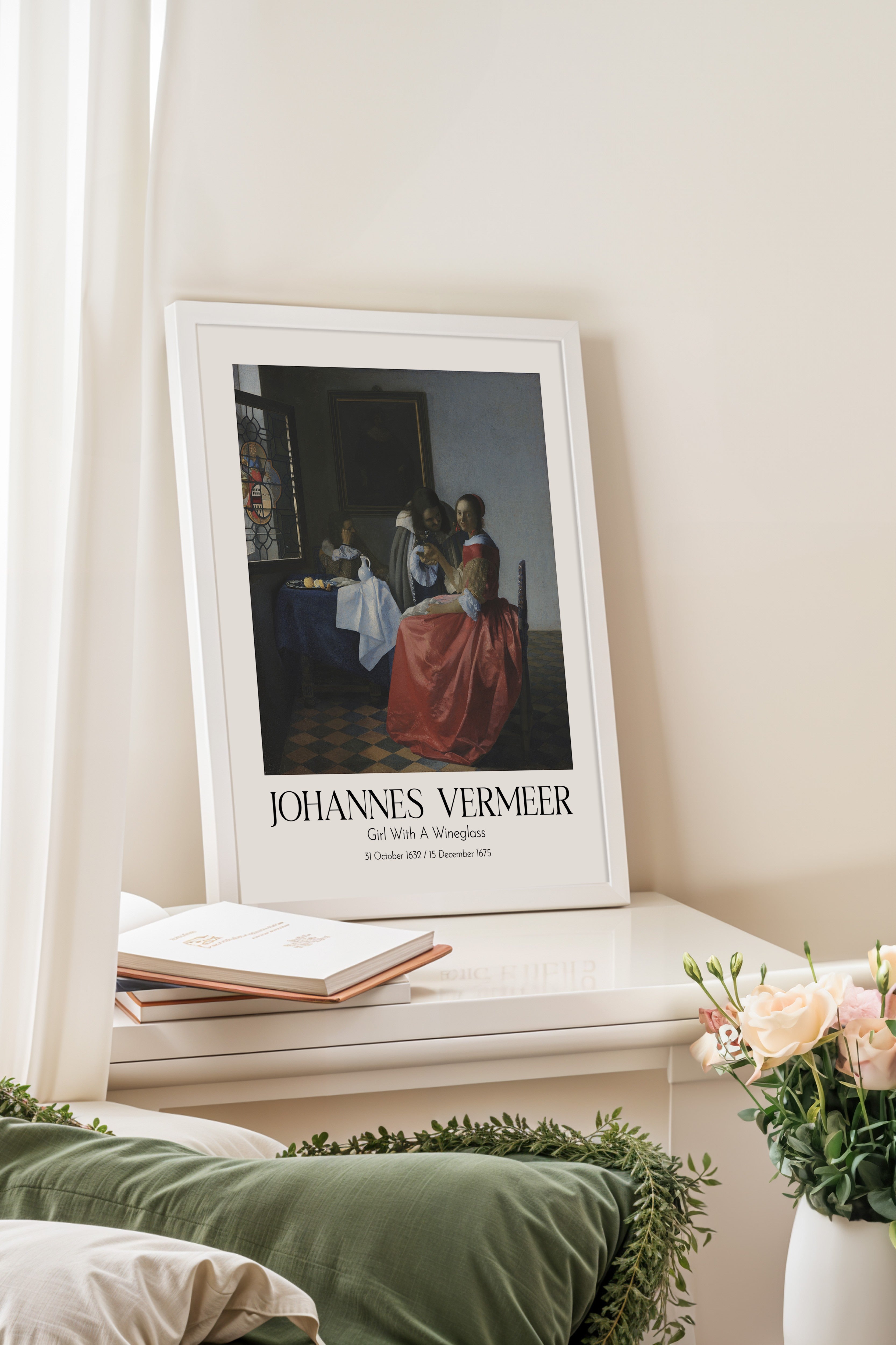 Johannes Vermeer - Girl With A Wineglass, Beyaz Çerçeveli Tablo, Sanat Serisi NO:110350