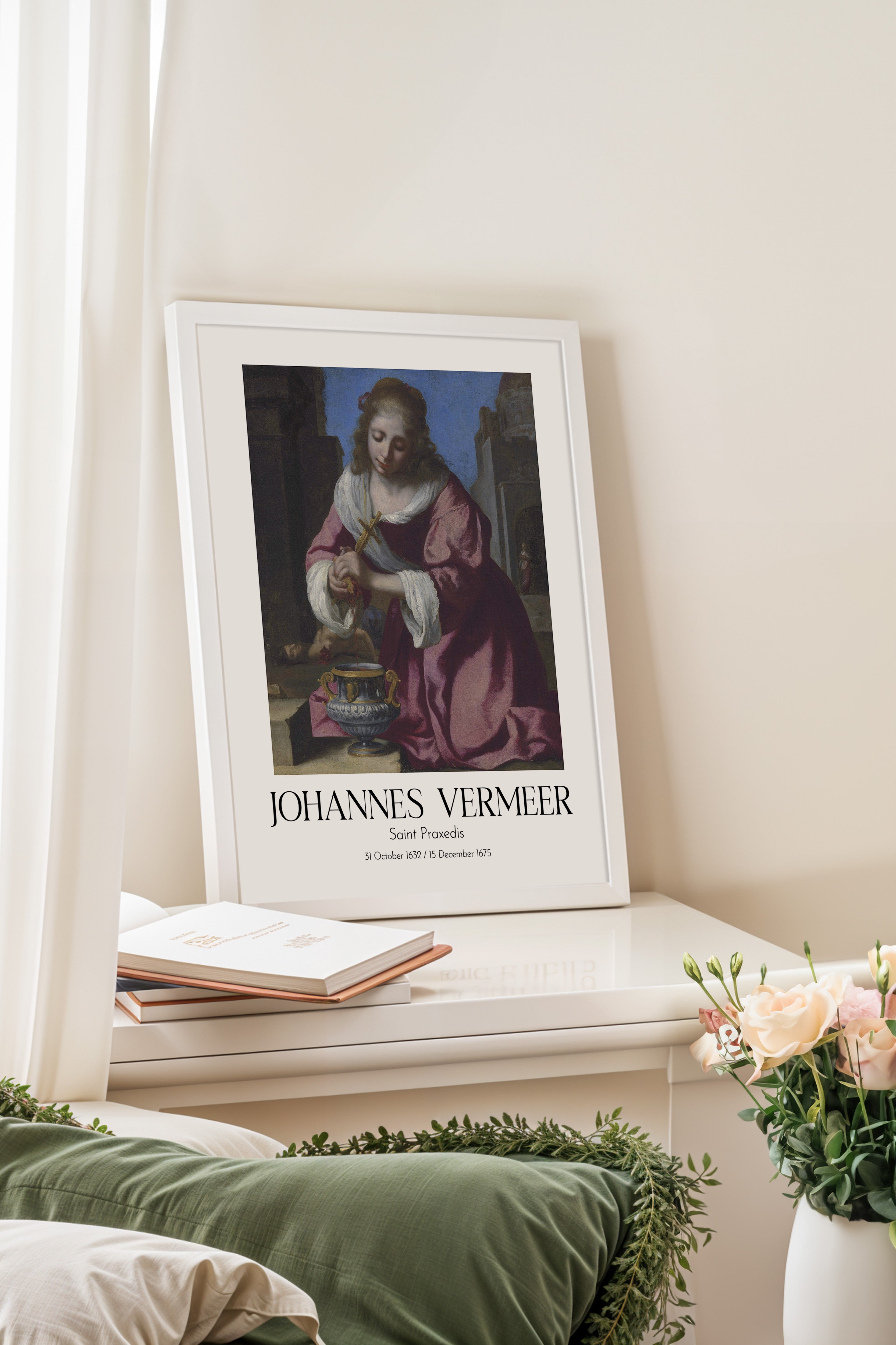 Johannes Vermeer - Saint Praxedis, Beyaz Çerçeveli Tablo, Sanat Serisi NO:110352