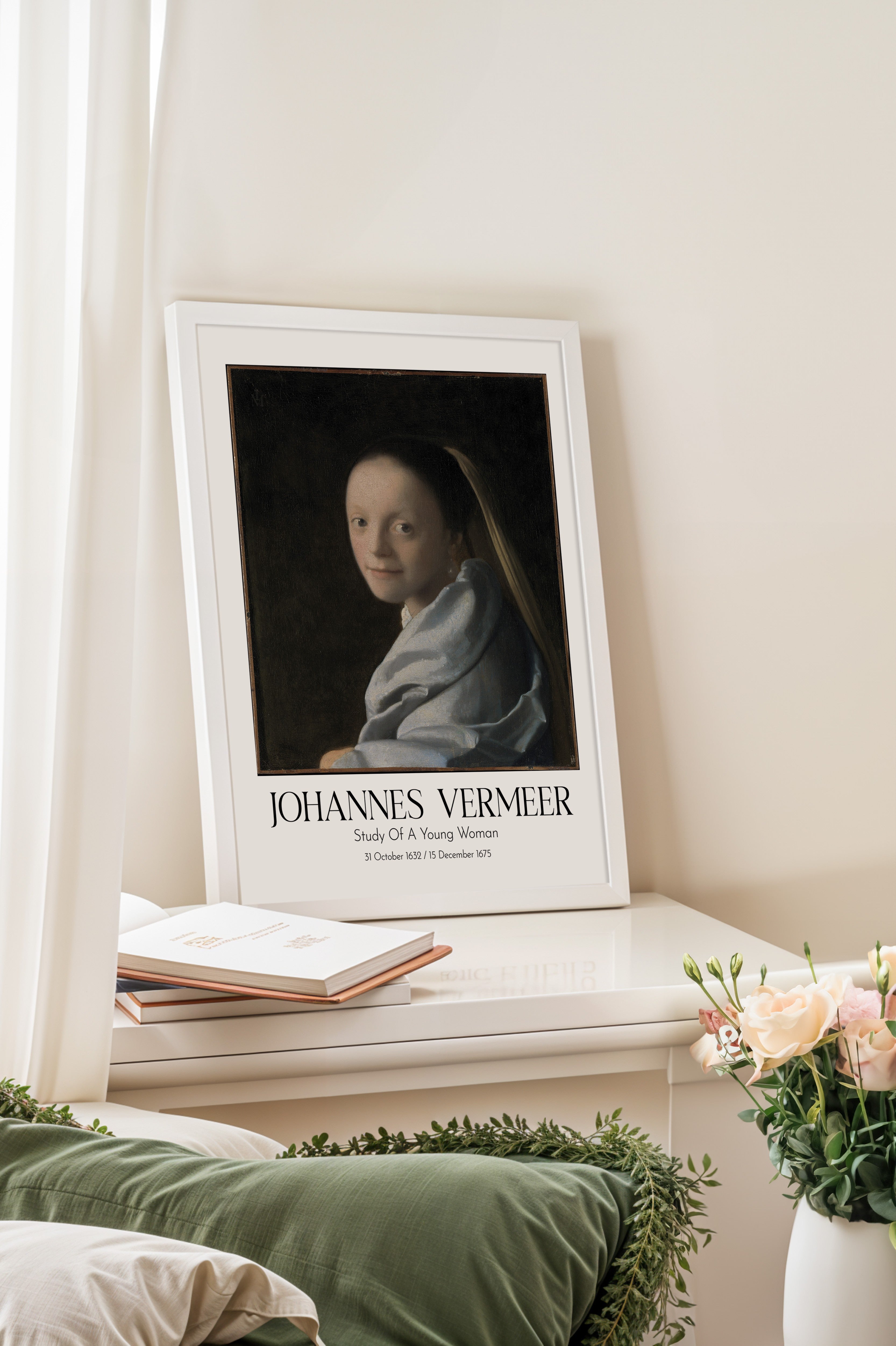 Johannes Vermeer - Study Of A Young Woman, Beyaz Çerçeveli Tablo, Sanat Serisi NO:110353