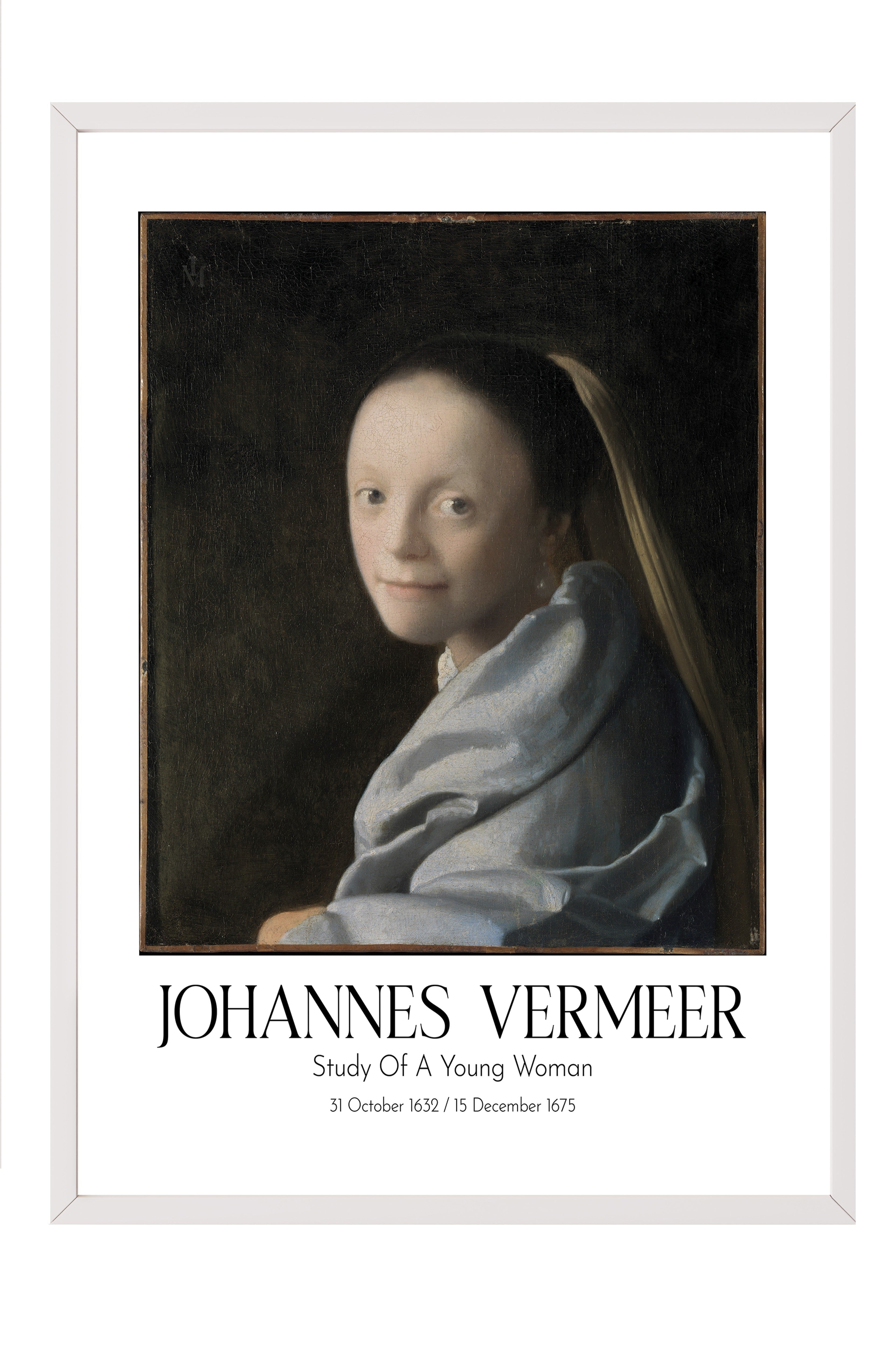 Johannes Vermeer - Study Of A Young Woman, Beyaz Çerçeveli Tablo, Sanat Serisi NO:110353