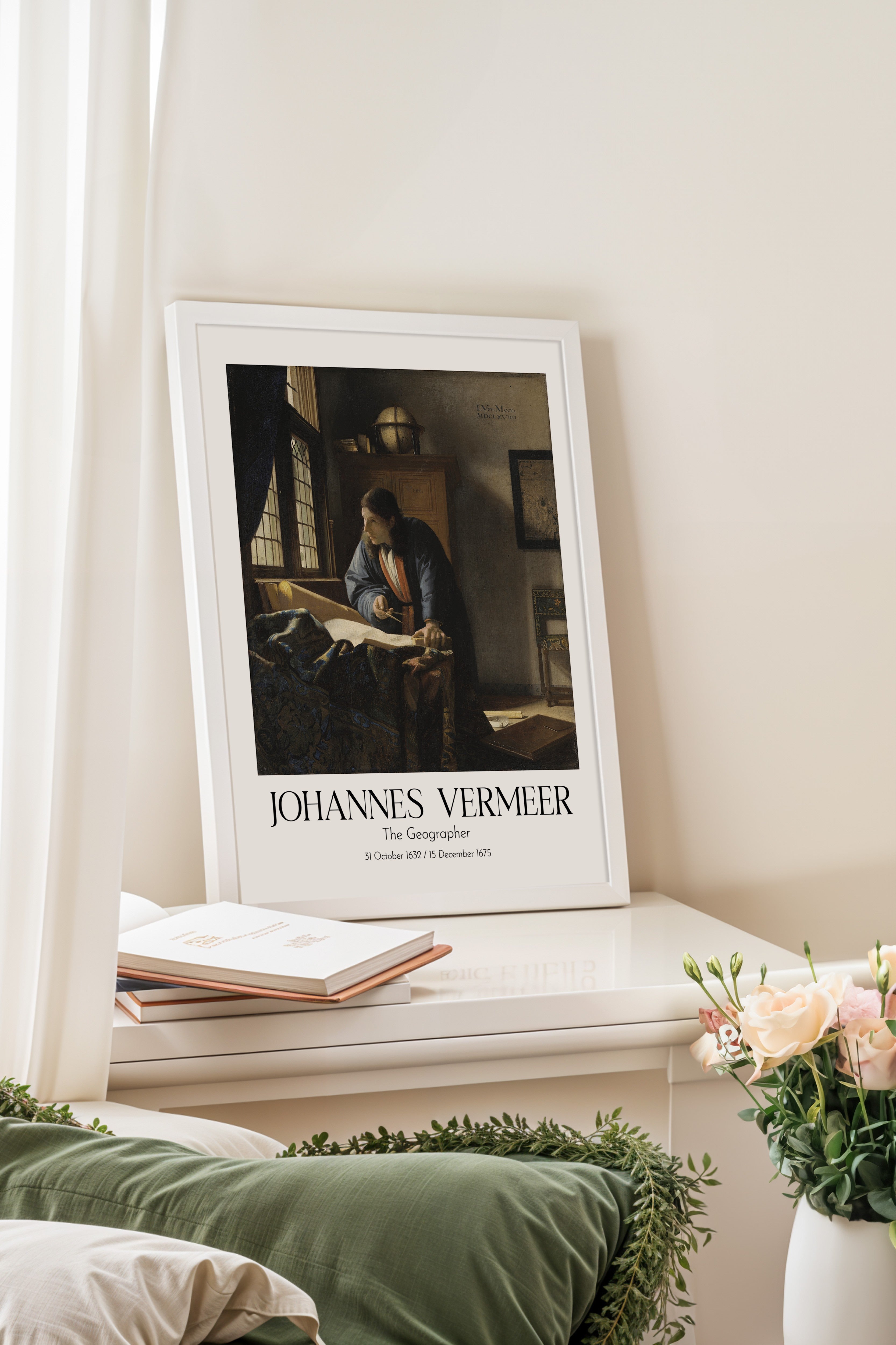 Johannes Vermeer - The Geographer, Beyaz Çerçeveli Tablo, Sanat Serisi NO:110356