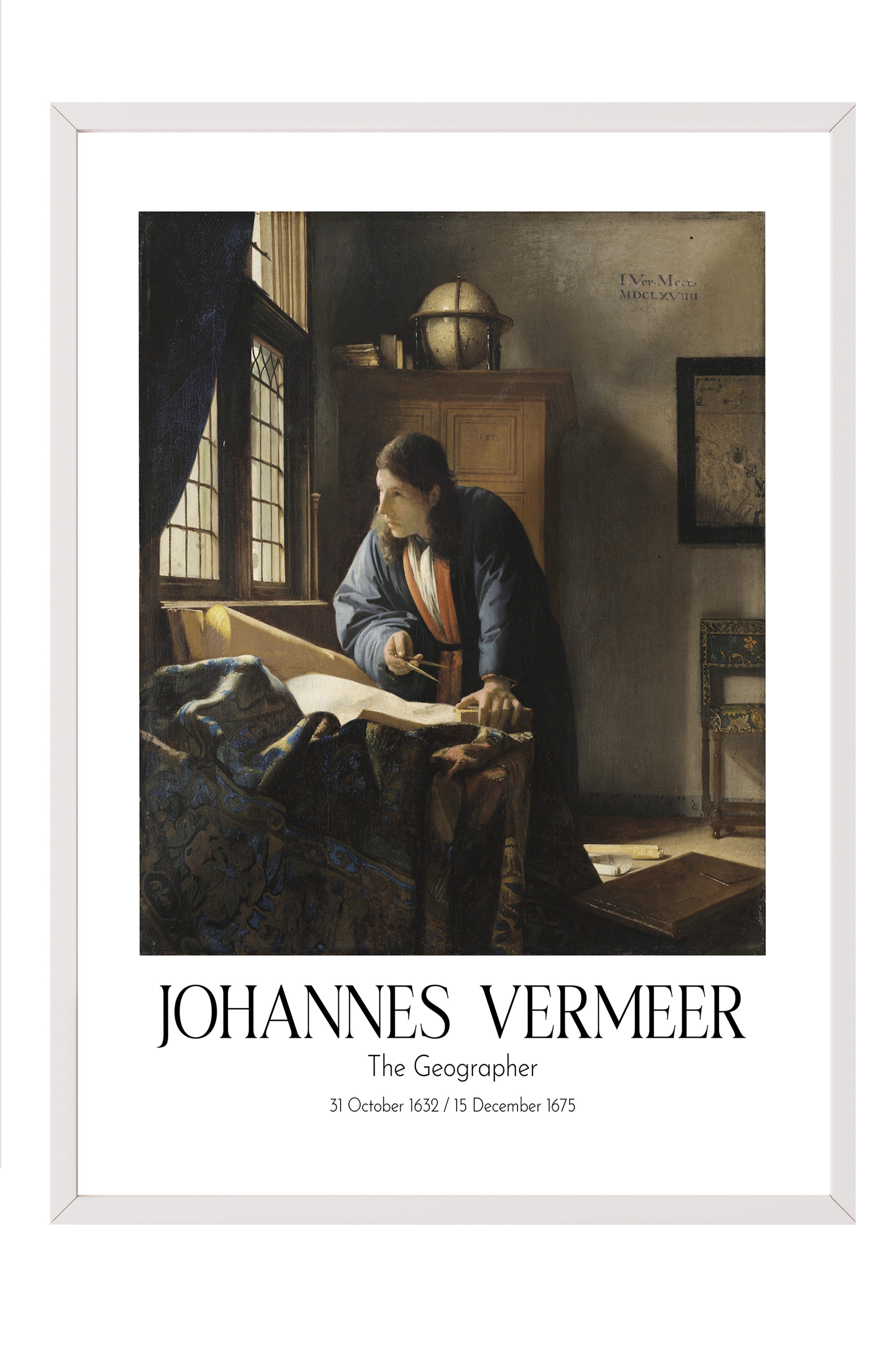 Johannes Vermeer - The Geographer, Beyaz Çerçeveli Tablo, Sanat Serisi NO:110356
