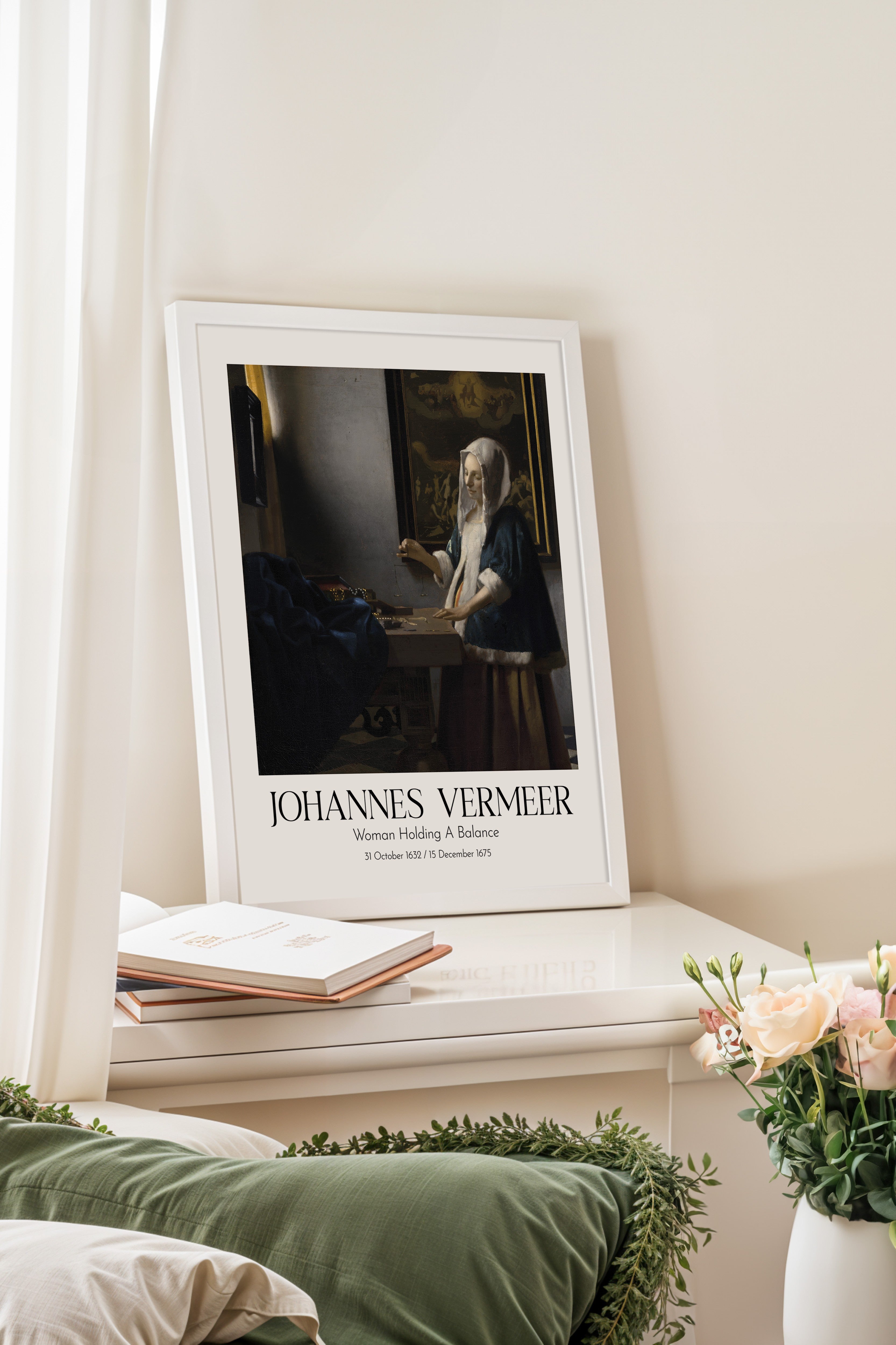 Johannes Vermeer - Woman Holding A Balance, Beyaz Çerçeveli Tablo, Sanat Serisi NO:110358