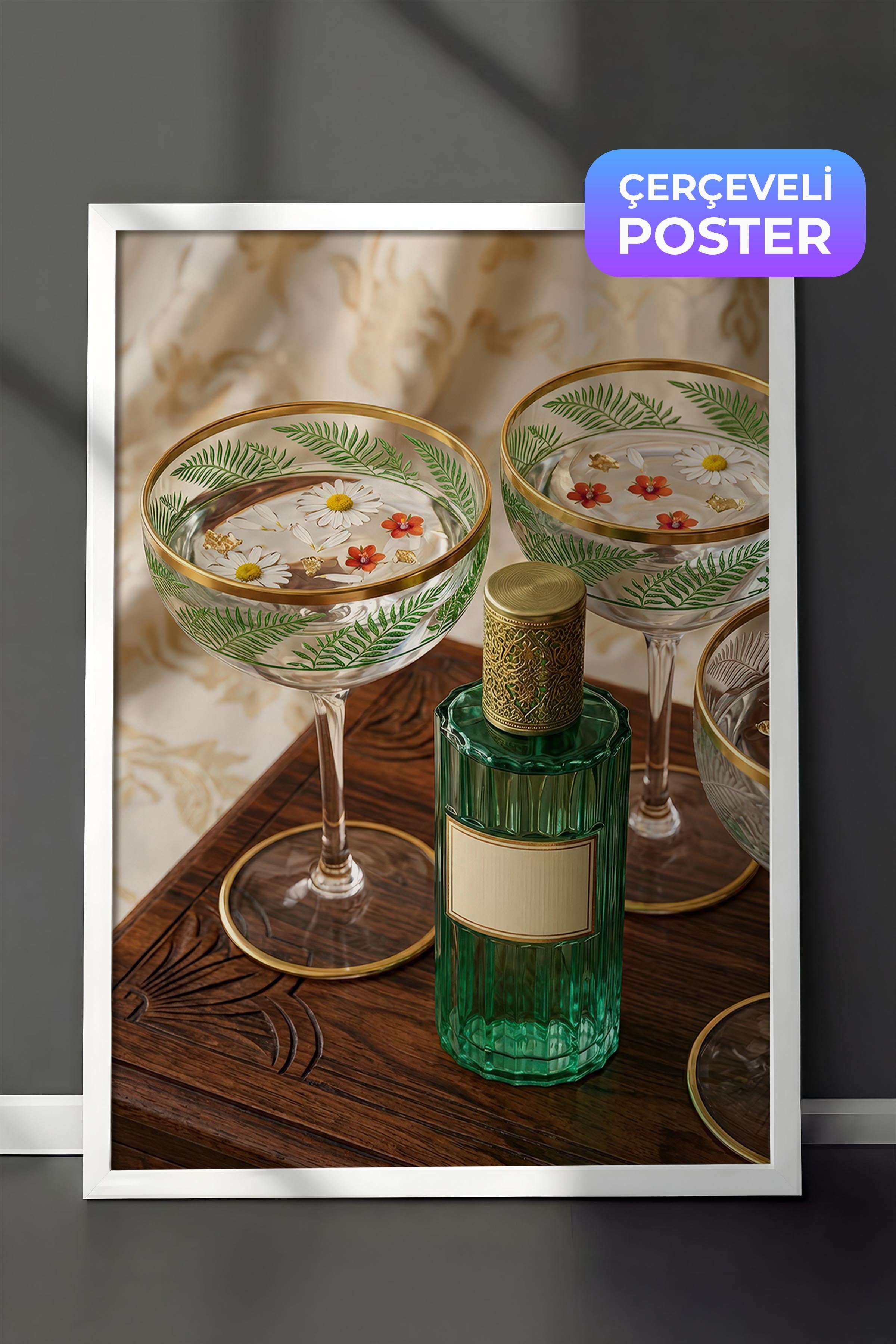 Kadeh ve Şişe Posteri, Beyaz Çerçeveli Poster, Old Money Serisi, NO:113206