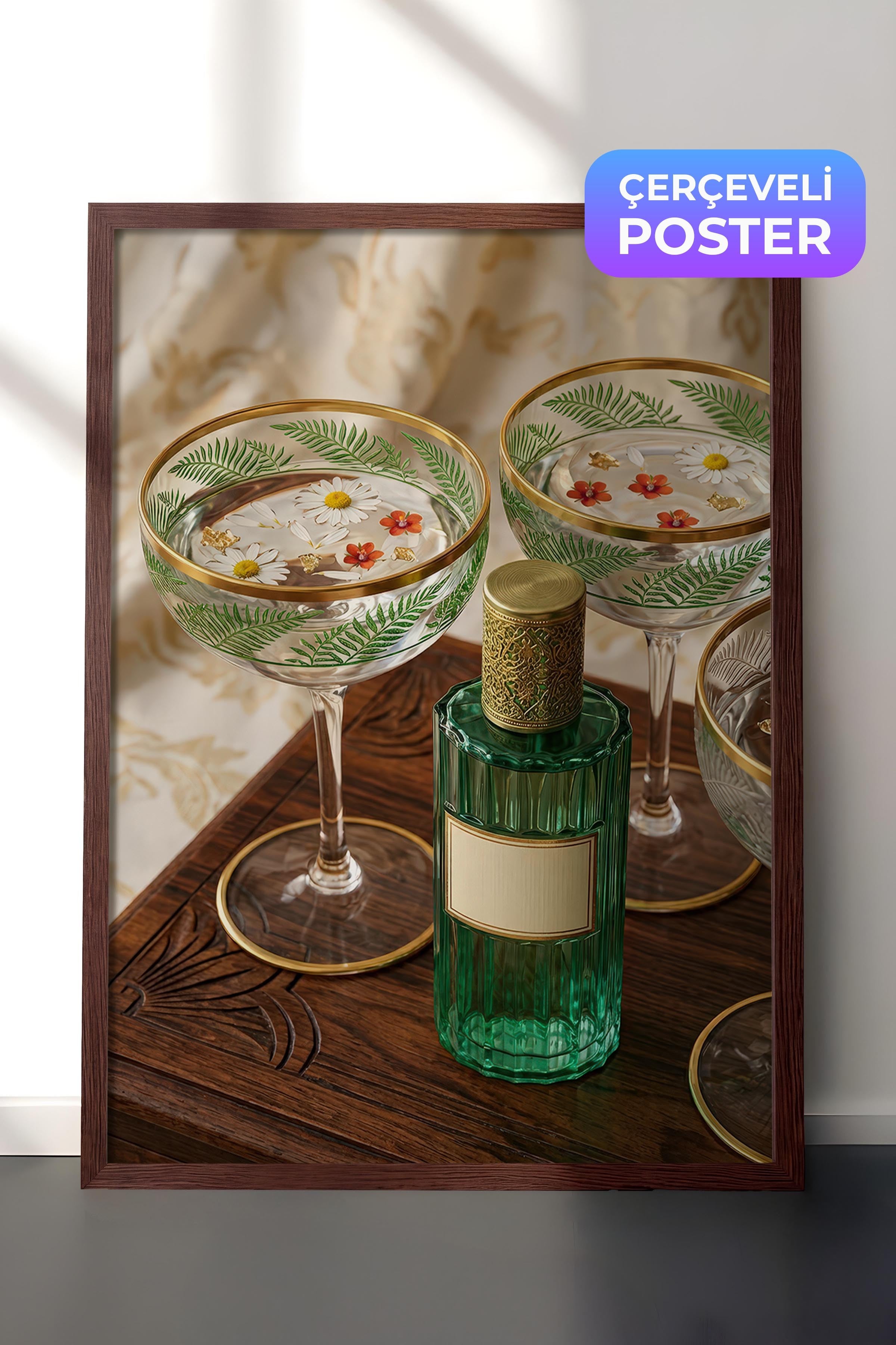 Kadeh ve Şişe Posteri, Kahverengi Çerçeveli Poster, Old Money Serisi, NO:113206