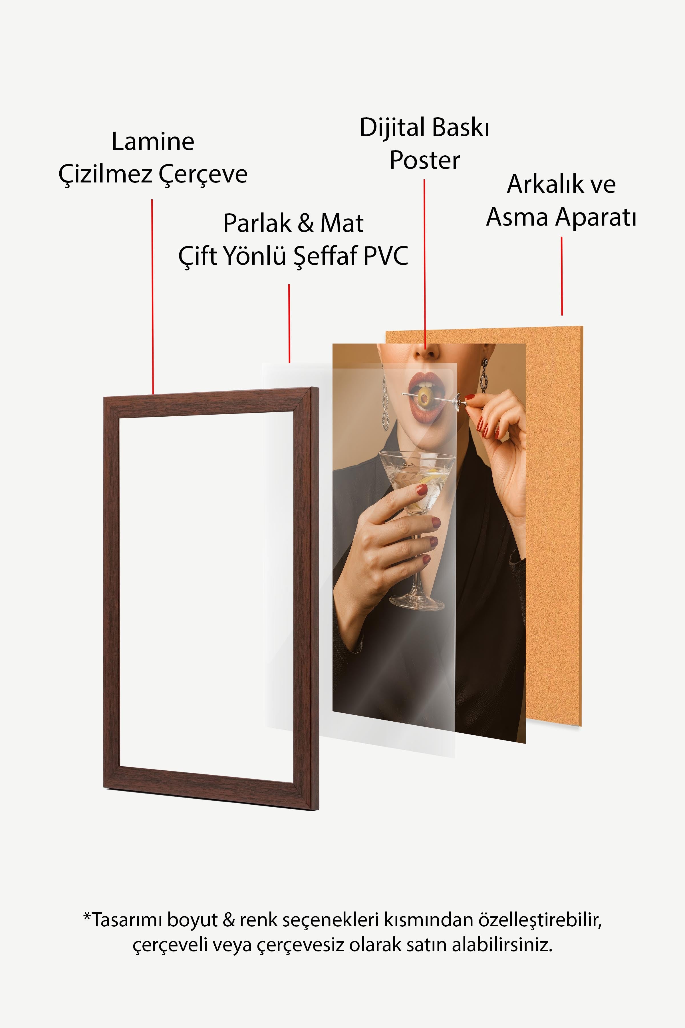 Kadın ve Kokteyl Posteri, Kahverengi Çerçeveli Poster, Old Money Serisi, NO:113134