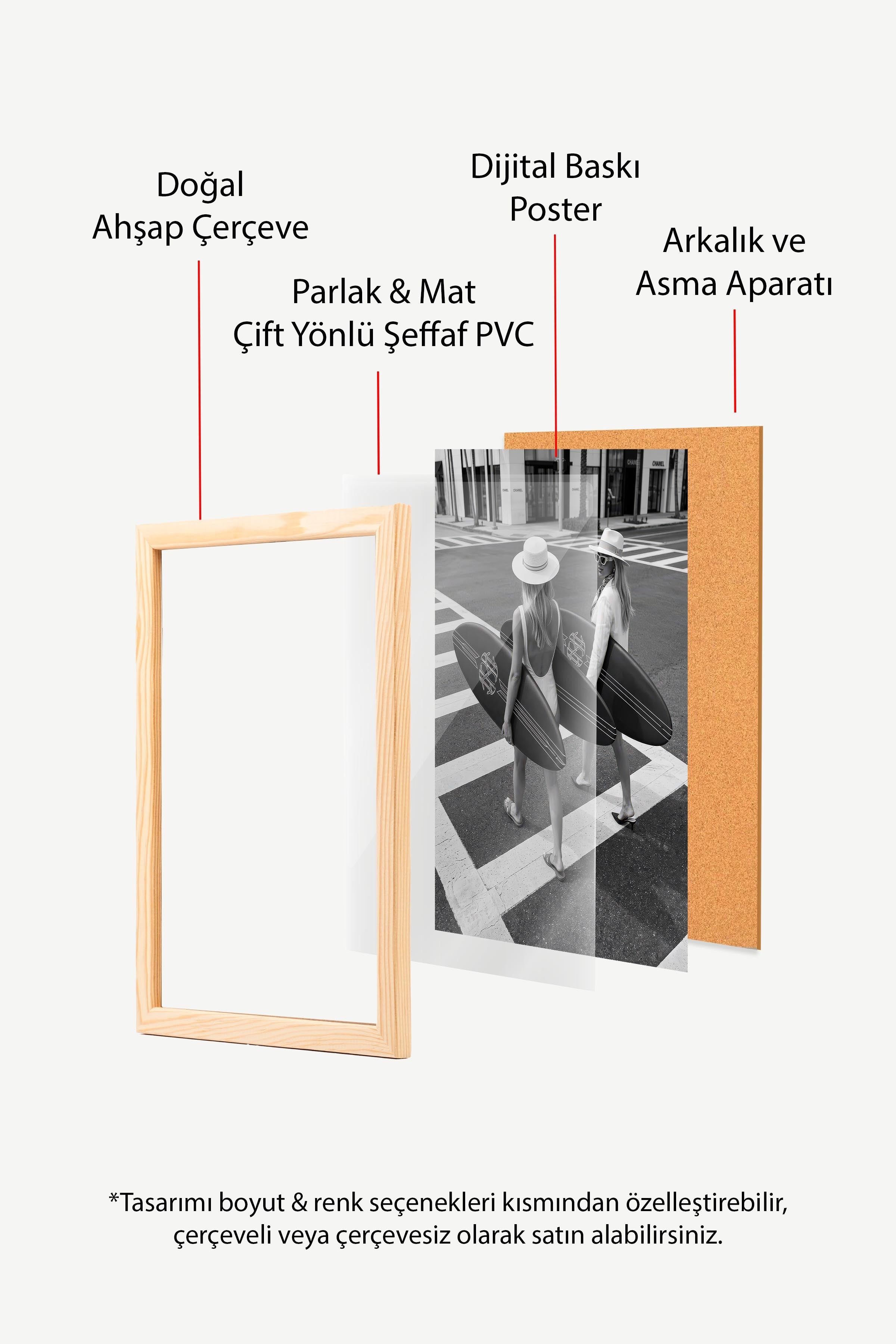 Kadın ve Sörf Tahtası Posteri, Ahşap Çerçeveli Poster, Old Money Serisi, NO:113130