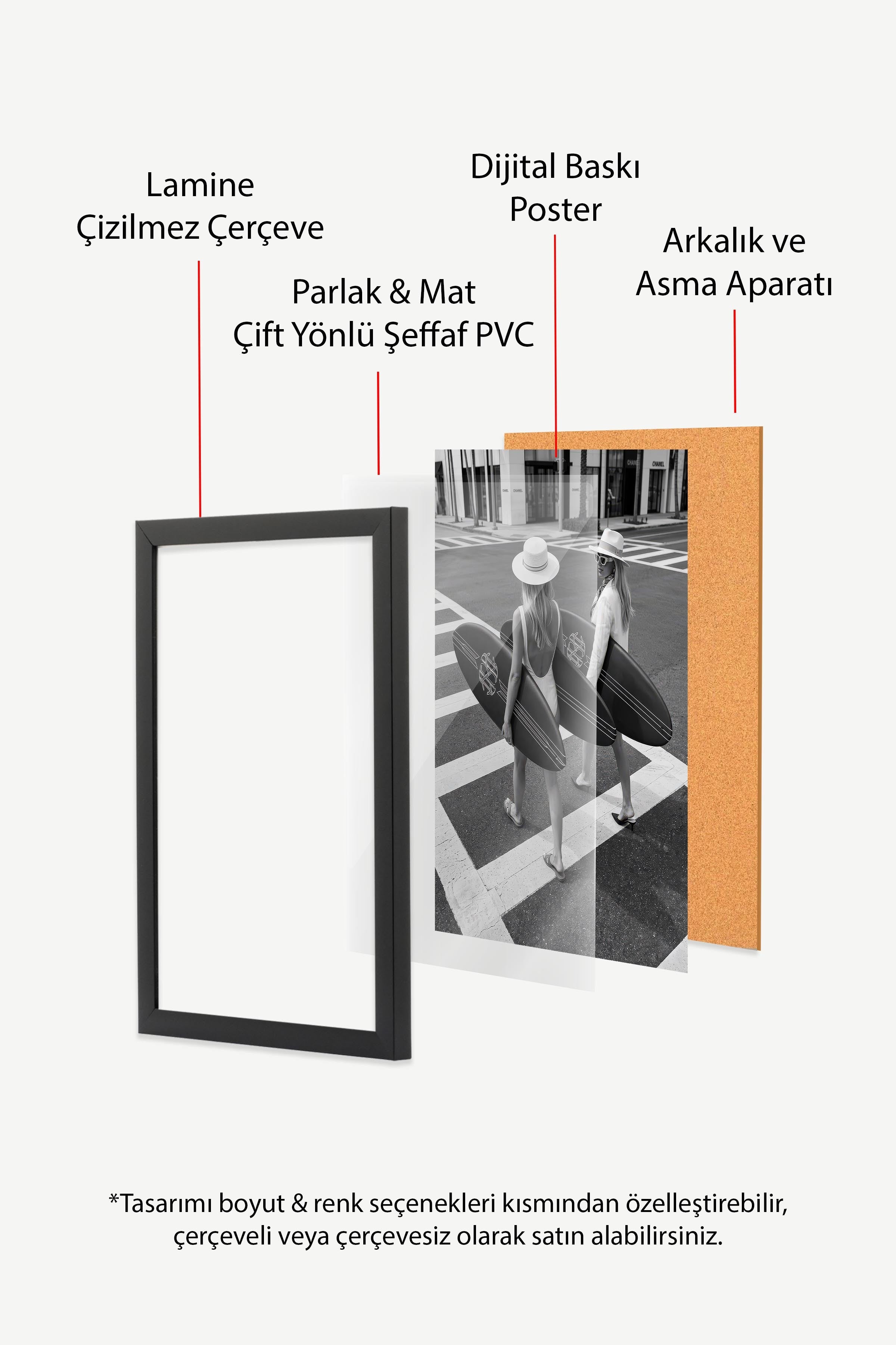 Kadın ve Sörf Tahtası Posteri, Siyah Çerçeveli Poster, Old Money Serisi, NO:113130