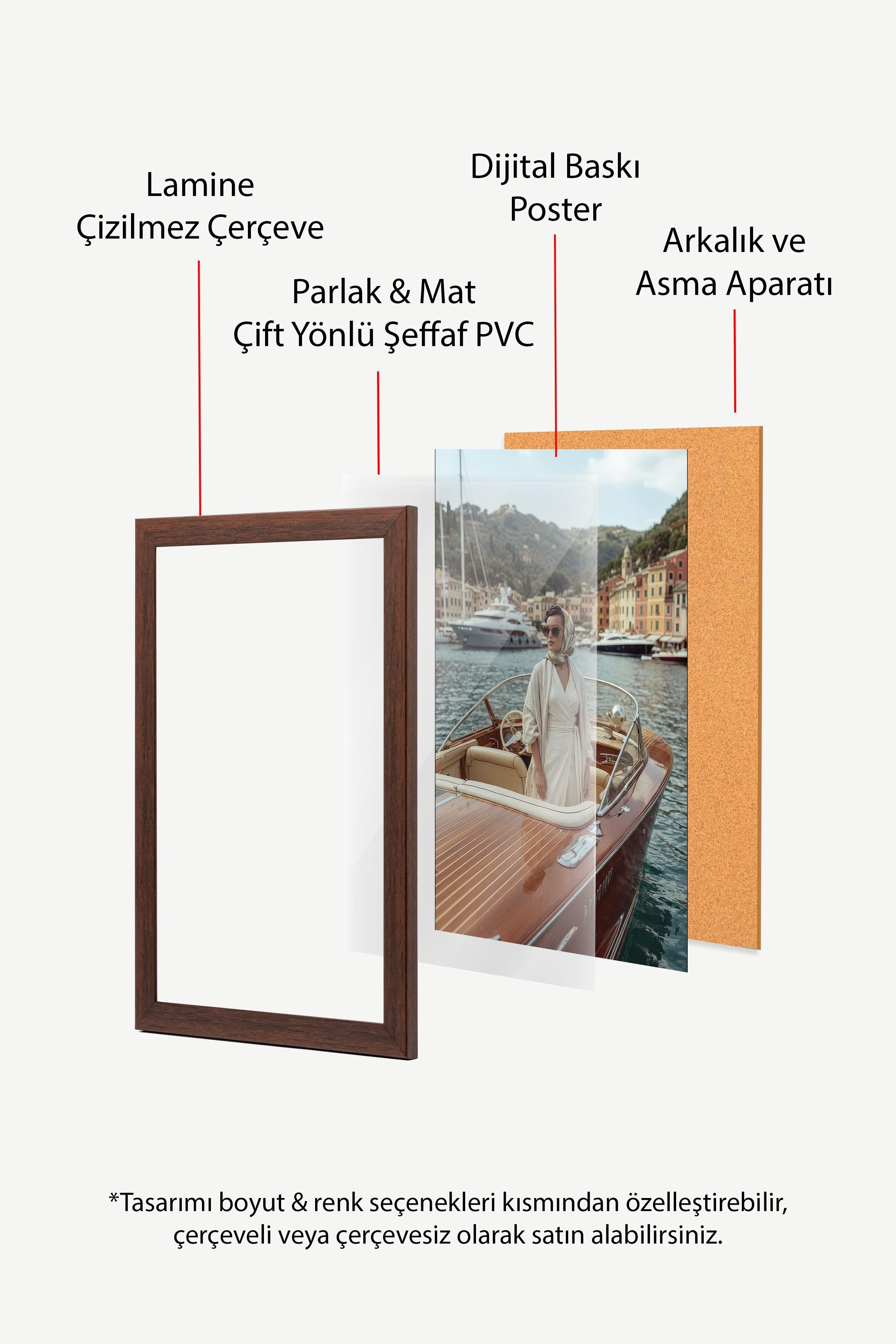 Kadın ve Tekne Posteri, Kahverengi Çerçeveli Poster, Old Money Serisi, NO:113122