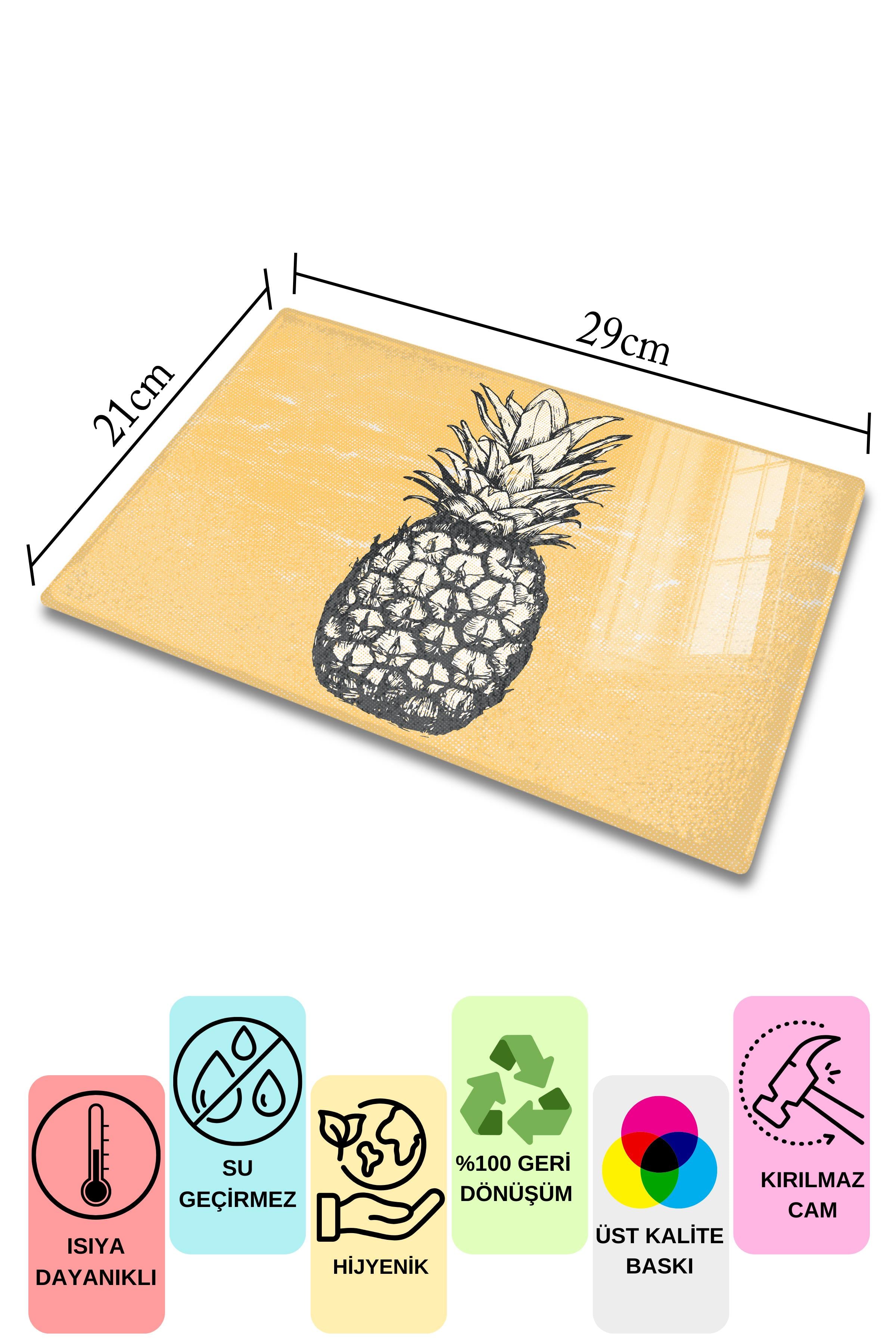 Kesme Tahtası, Kalın Ve Kırılmaz Cam Baskı - Ananas Temalı, 21*30cm - Doğrama Tahtası, Mutfak Dekoru