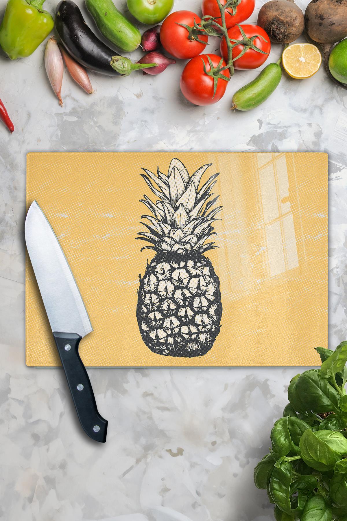 Kesme Tahtası, Kalın Ve Kırılmaz Cam Baskı - Ananas Temalı, 21*30cm - Doğrama Tahtası, Mutfak Dekoru