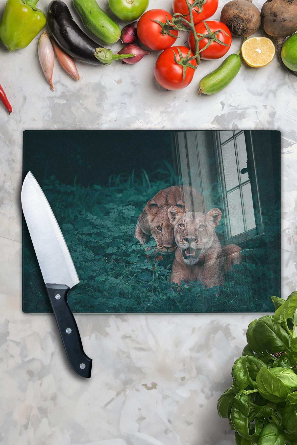 Kesme Tahtası, Kalın Ve Kırılmaz Cam Baskı - Aslan Temalı Baskı - 21*30cm - Doğrama Tahtası