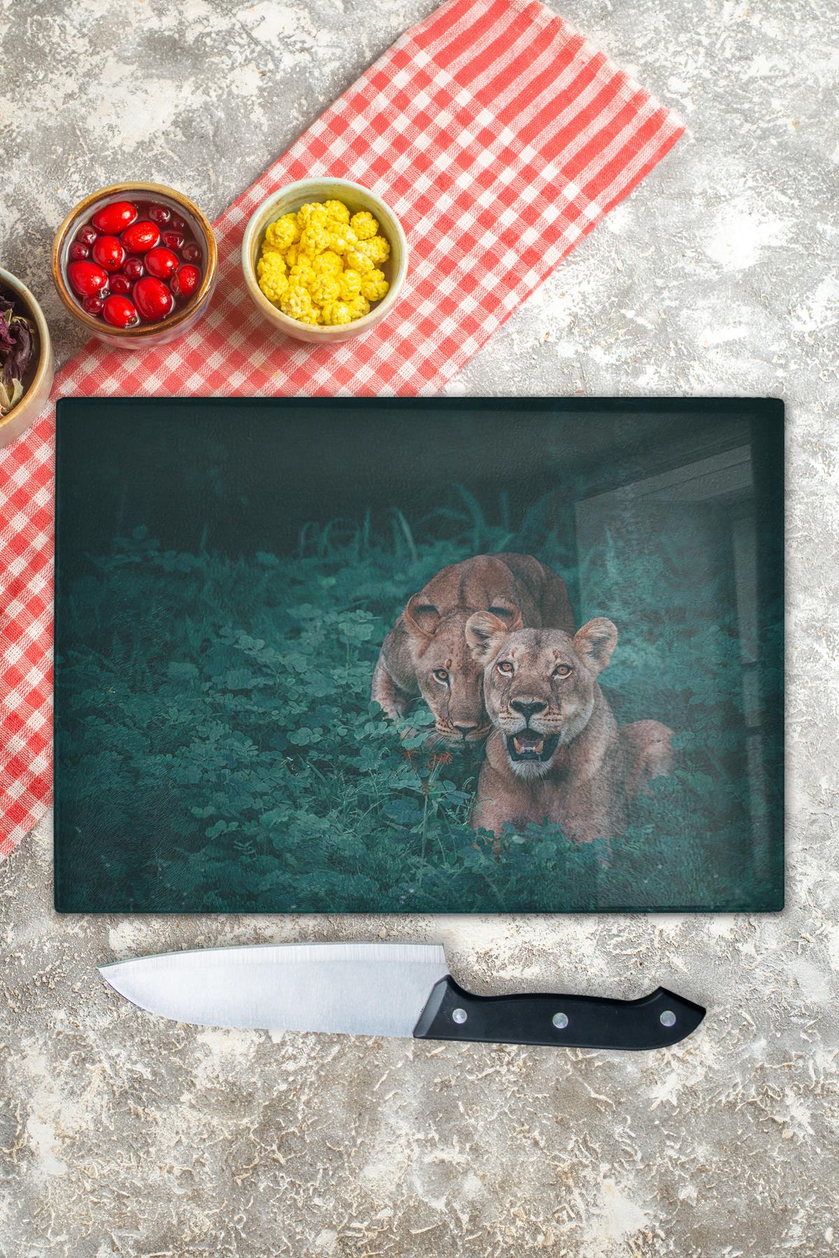 Kesme Tahtası, Kalın Ve Kırılmaz Cam Baskı - Aslan Temalı Baskı - 21*30cm - Doğrama Tahtası