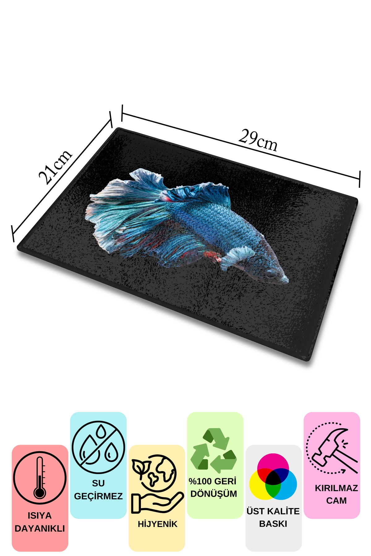 Kesme Tahtası, Kalın Ve Kırılmaz Cam Baskı - Balık Temalı - 21*30cm - Doğrama Tahtası, Mutfak Dekoru